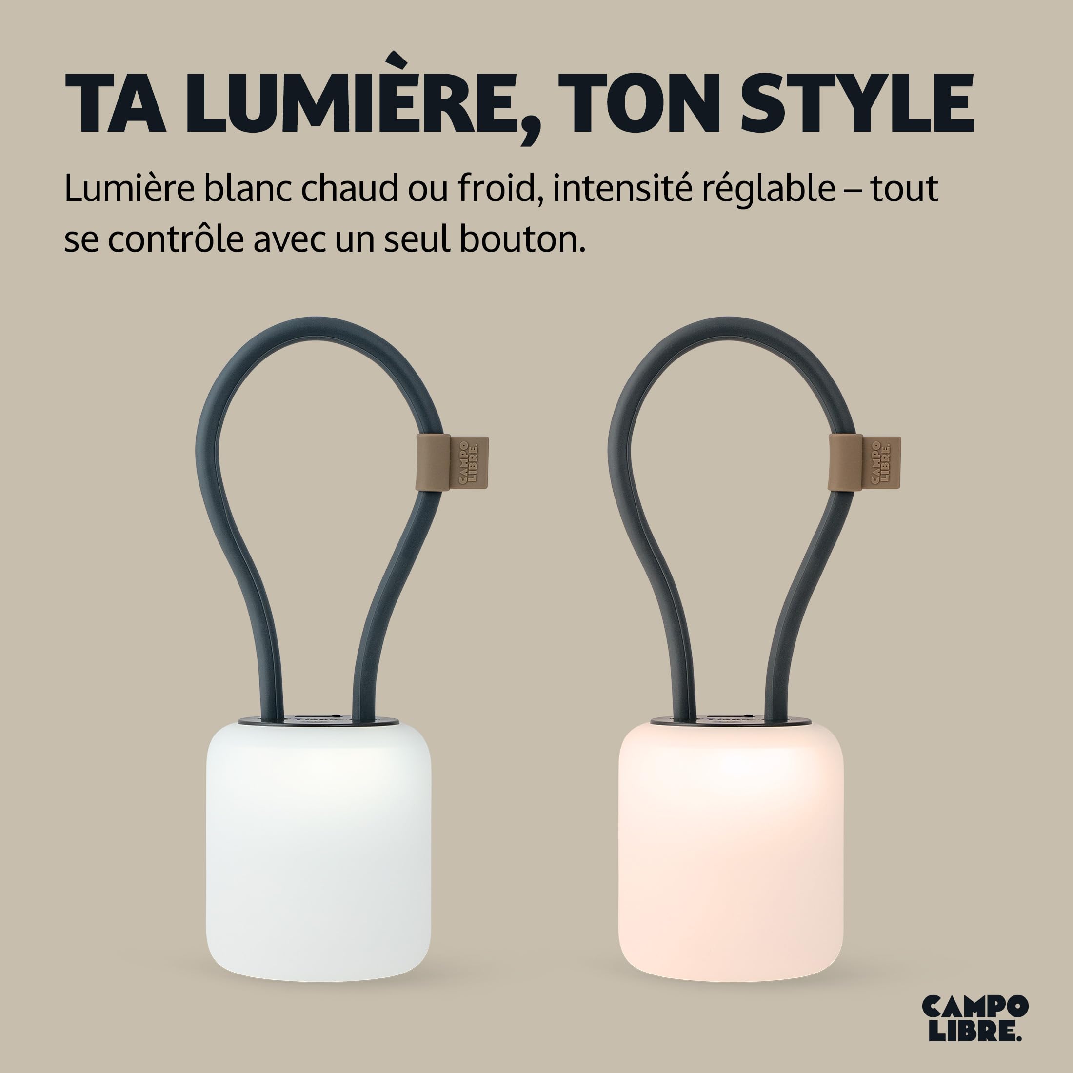Campo Libre.® LENI Lampe de Camping – Lumiere Exterieure avec Poignée Flexible, Lampe LED Dimmable, Lanterne IPX4, 200 h d’Autonomie, Coque SqueezeShell Incassable, Recharge USB-C, Rectangle, Gris