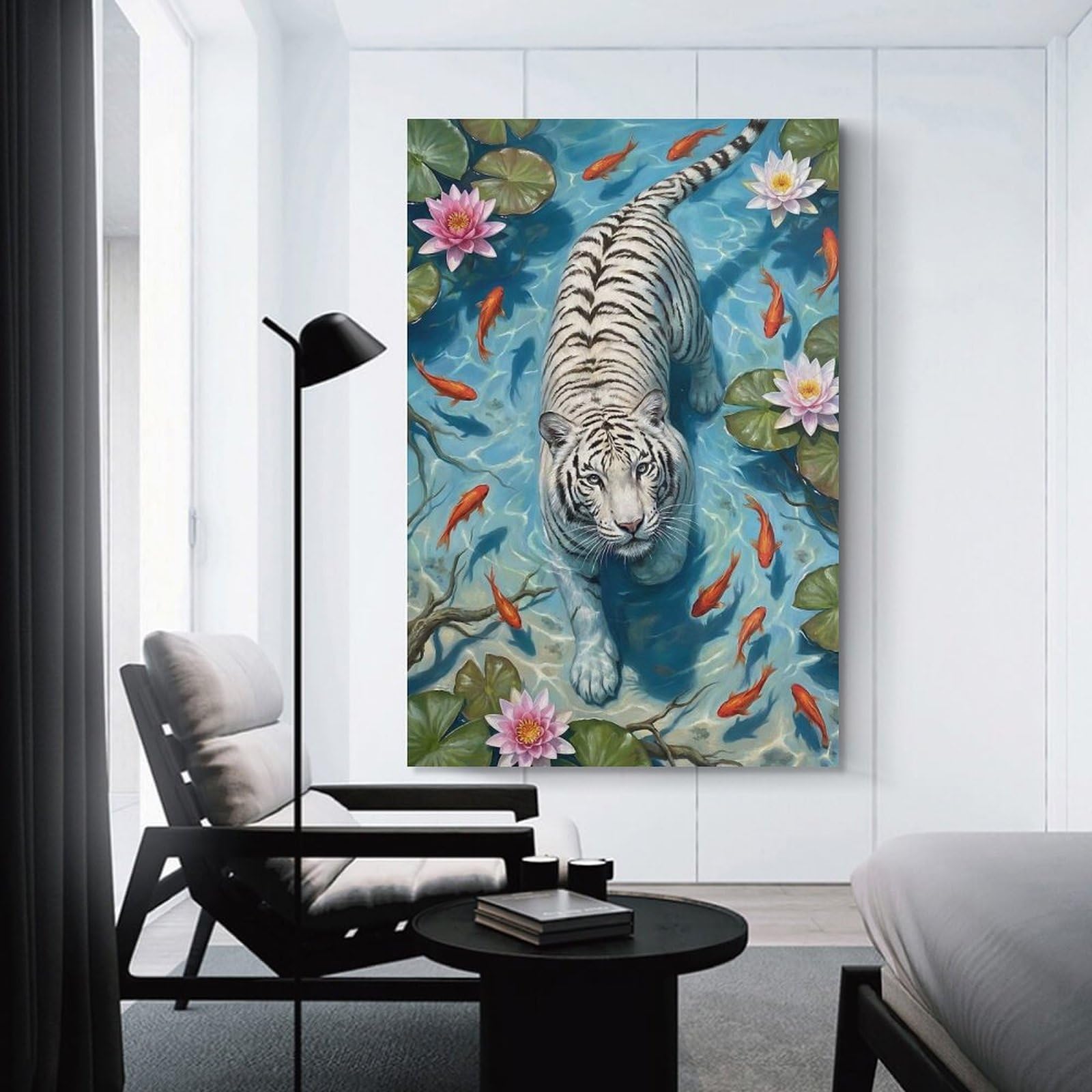 Junmoney Unframe-Style-21 Decorative Wall Artwork White Tiger In Water With Fish, 20X30inch(50X75cm), For New Homes, Bedrooms Or Workspaces, Canvas Artwork With Gifting Potential