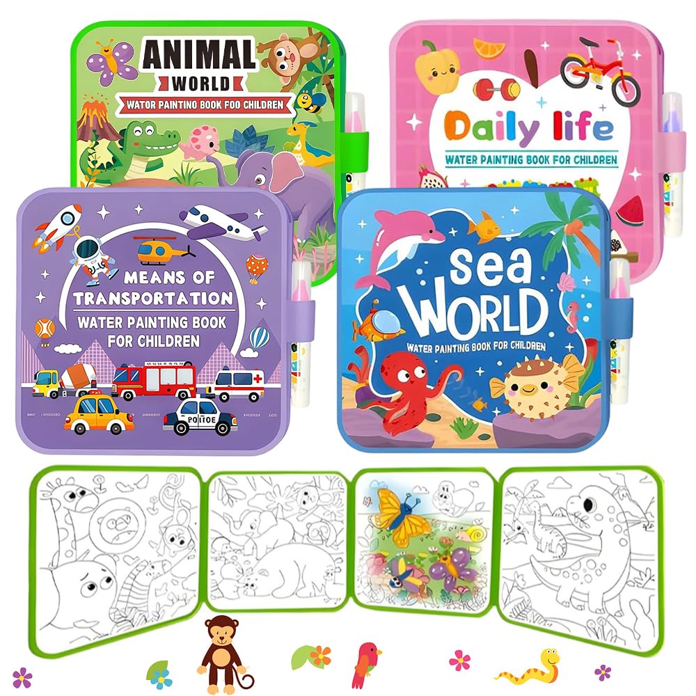 LUFEIS Mess Free Water Painting Books, 4 PCS Reusable Water Colouring Books with Water Pens, No Mess Aqua Art Magic Water Drawing Kit (Animals & Sea World & Daily Life & Transportation)