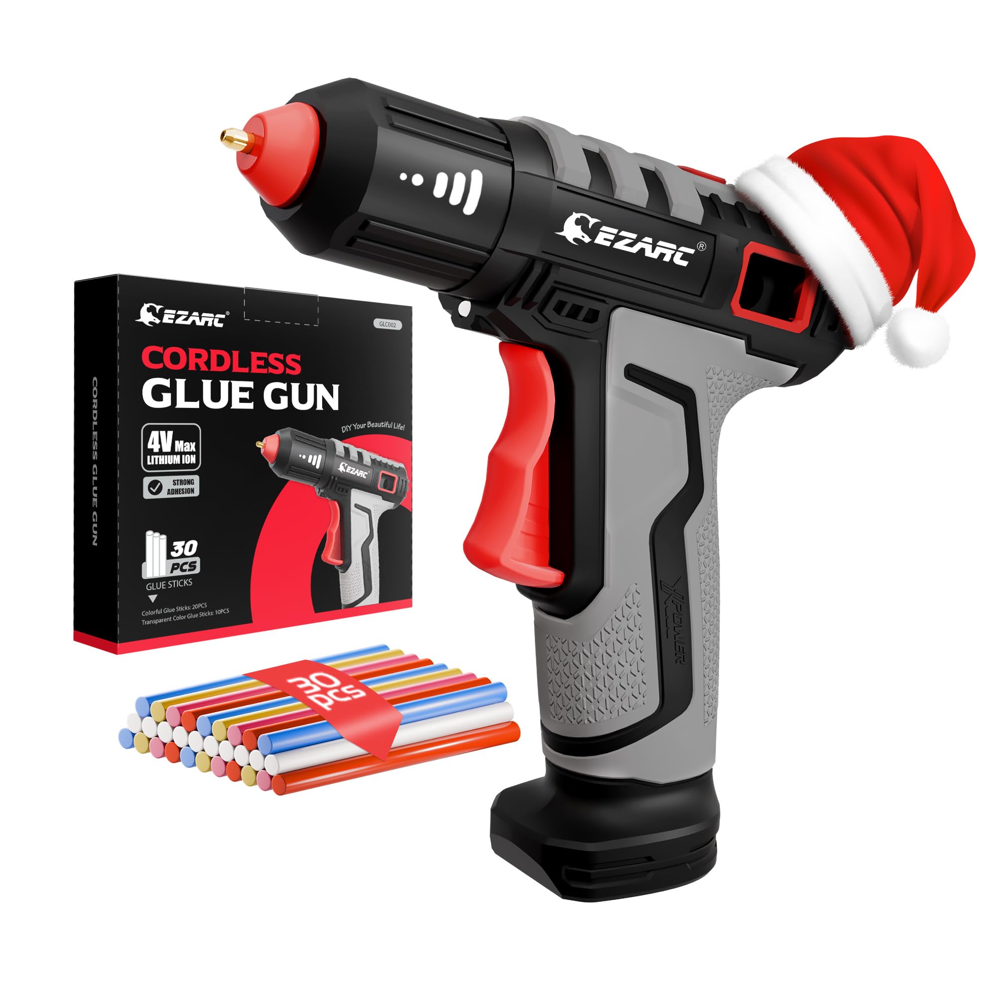 EZARC Cordless Hot Glue Gun with 30 Pcs Mini Glue Sticks, 15s Heating Fast Mini Glue Gun kit, Smart Power-Off, 2500 mAh Rechargeable Battery, DIY, Crafts, Decorations, Home Repairs, Gray