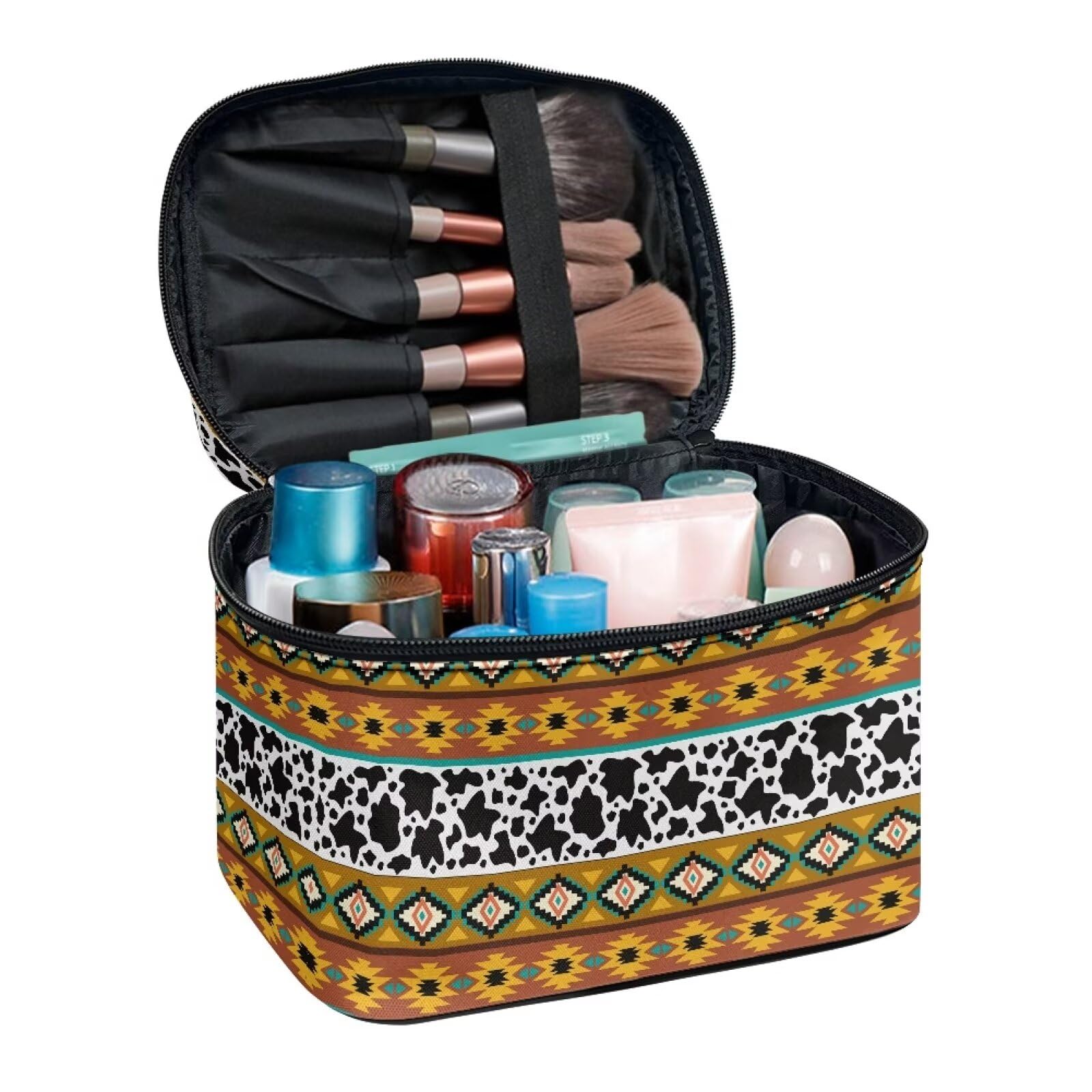 Poetesant Boho Ethnic Cosmetic Storage Bag Large Capacity Makeup Bag Aztec Cow Print Make up Organizer Lightweight Toiletry Bag with Handle Casual Make up Bag for Ladies