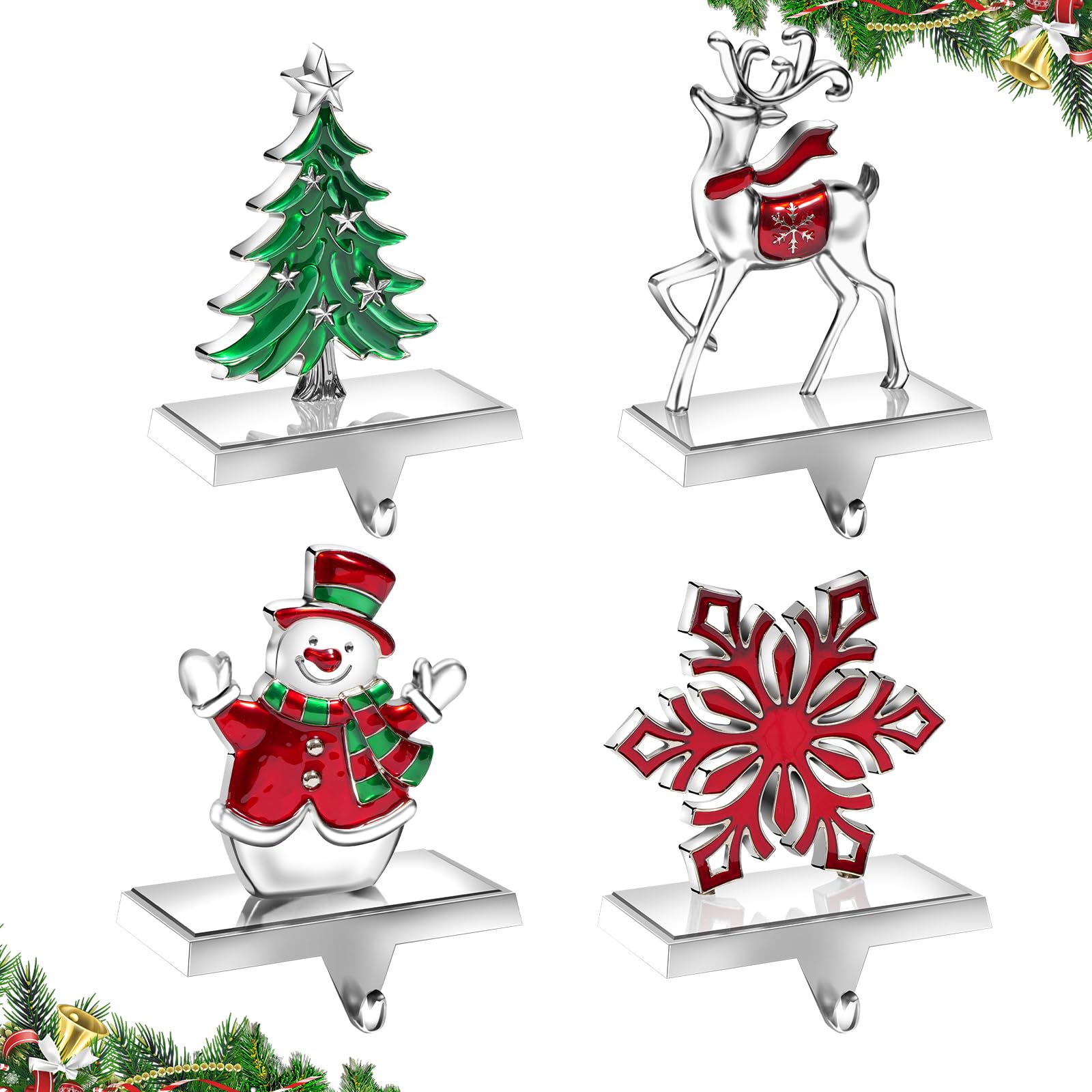 Christmas Stocking Holders for Mantle Set of 4, Heavy Duty 3D Stocking Stand Weighted Stocking Hooks Christmas Ornaments Decorations for Fireplace Tabletop