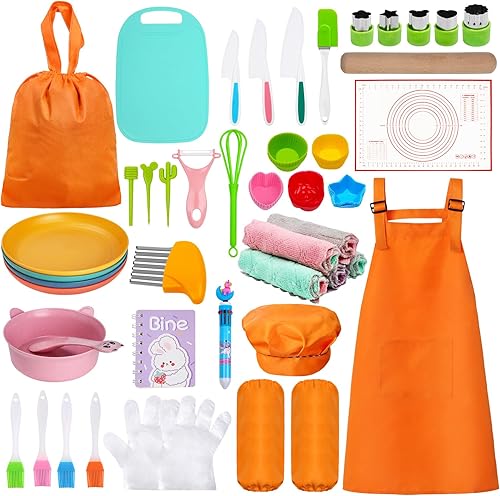 Juego de 65 piezas de cocina real para niños con tabla de cortar, juego de cuchillos de seguridad, sombrero de chef y delantal, juego perfecto de