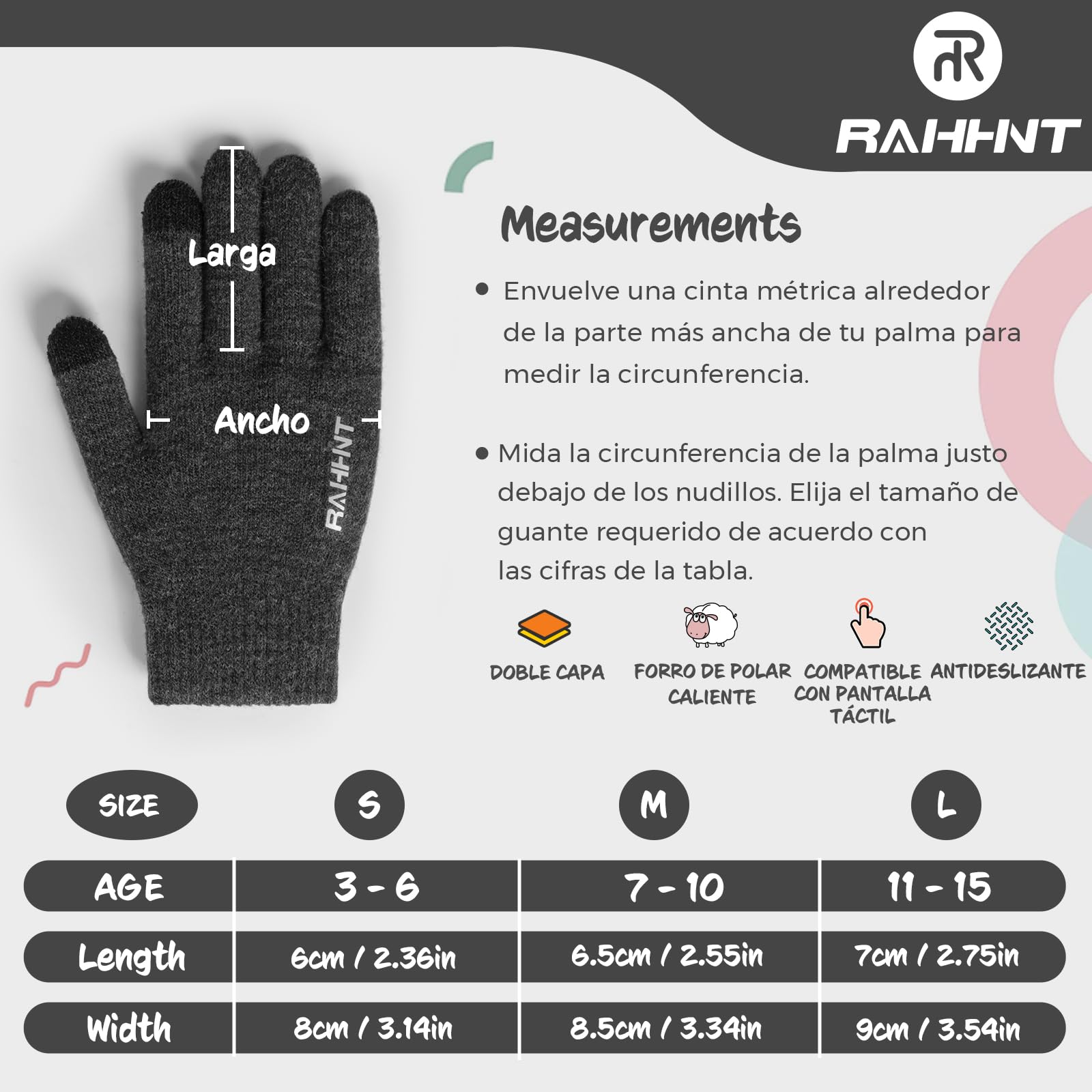 Rahhint Guantes Lana Invierno Termicos para Niños y Niñas 4-15 Años con Punto Pequeños Forro Polar Aislado
