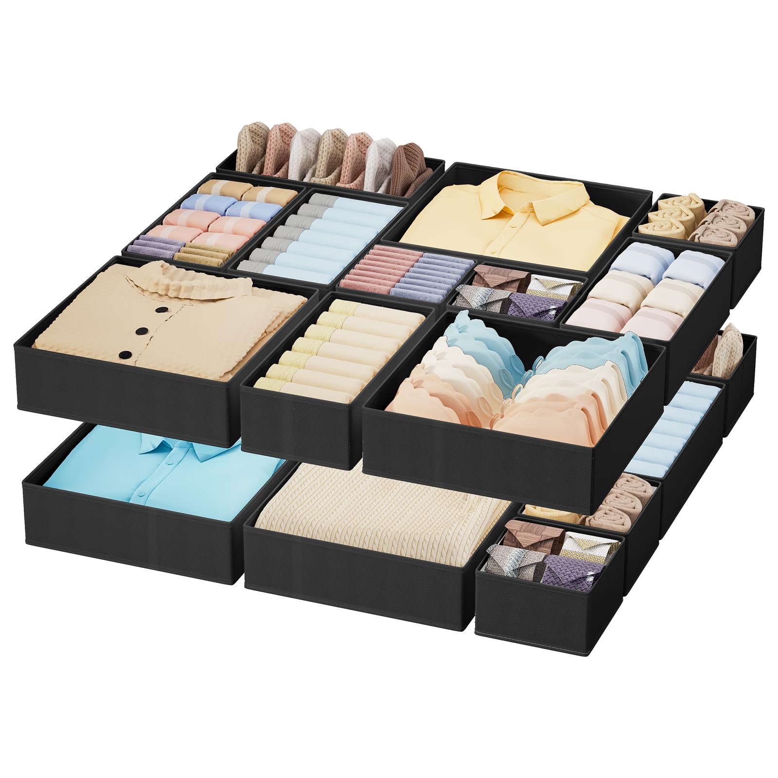 Homsorout Fabric Drawer Organiser Clothes - 18 Pack Underwear Drawer Dividers with Zipper, Foldable Storage Box Baby Clothing Organizer for Socks, Bra, Nursery - Black