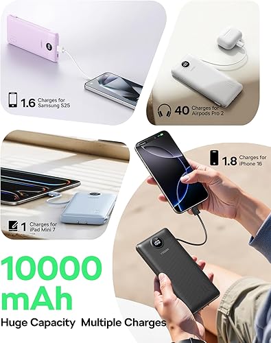 Miniatura 4 de VEGER Cargador portátil de viaje todo en uno con enchufe y cables de CA integrados, batería de banco de energía delgada de 10000 mAh, carga rápida