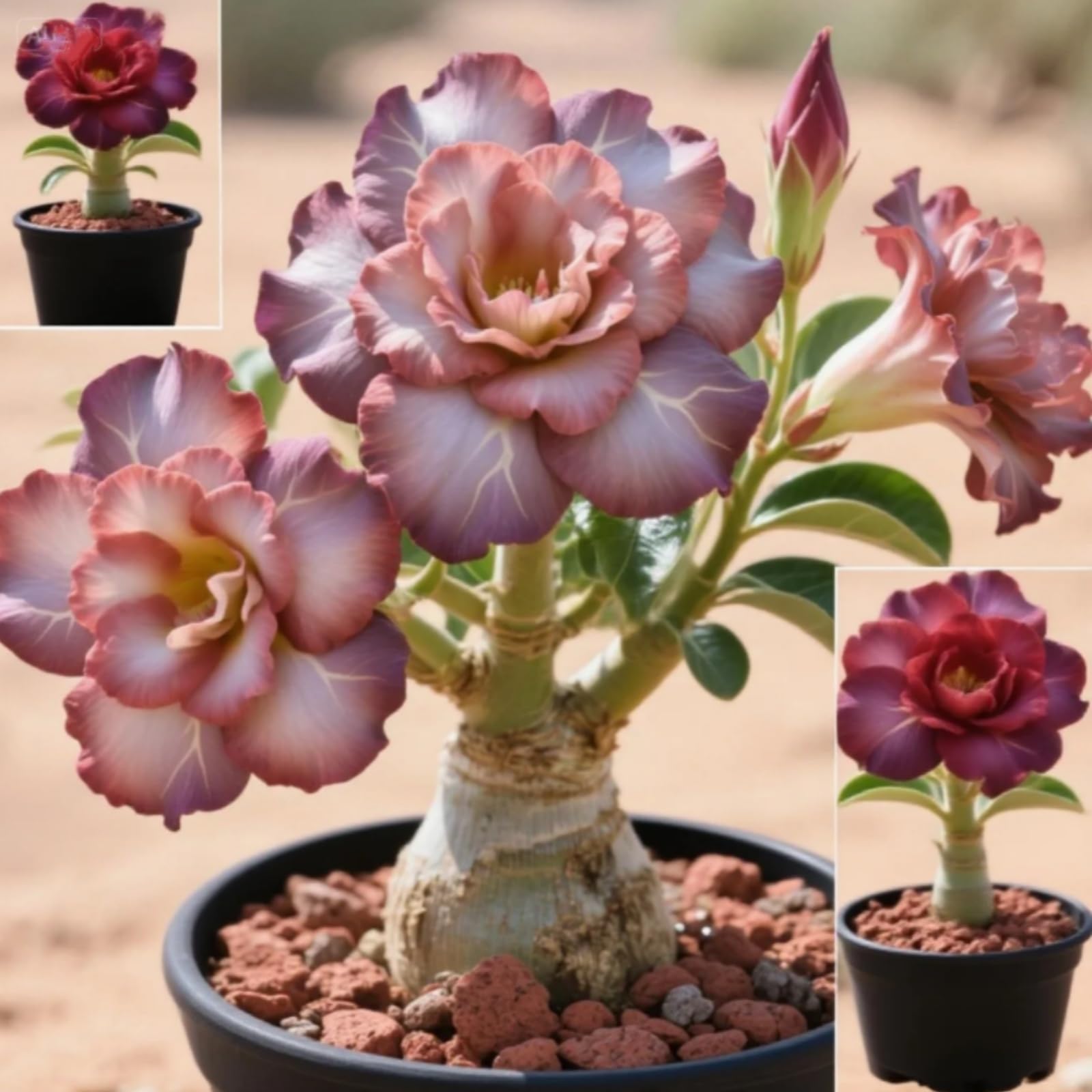 Desert Rose Bulbs — Cold-Hardy & Drought-Tolerant — Easy to Cultivate — Ideal for Beginners— Suitable for Indoor & Outdoor Display -4 Bulbs-G