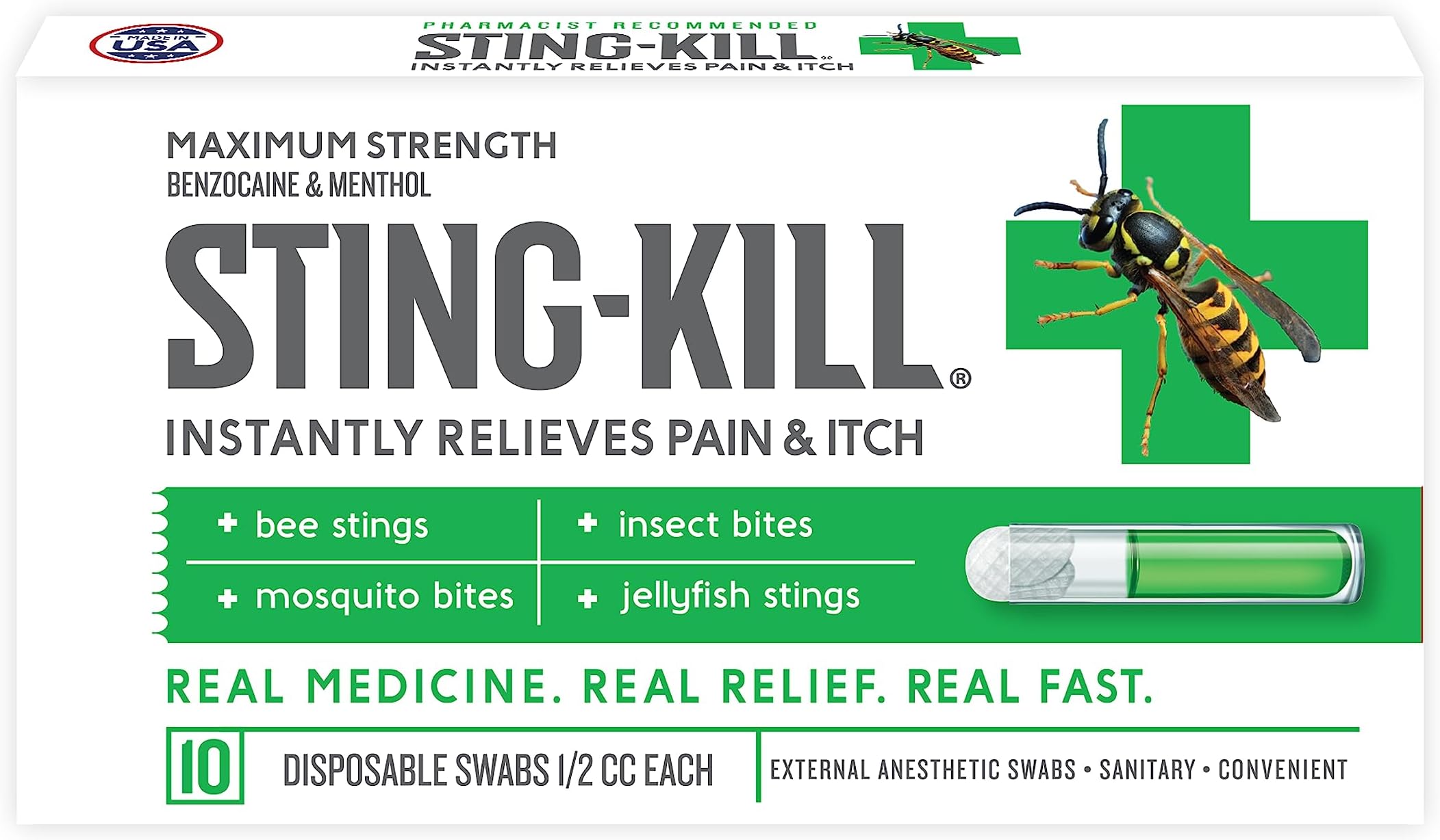 Sting-kill First Aid Anesthetic Swabs, Instant Pain + Itch Relief from Bee Stings and Bug Bites, First Aid Kit Refill Supplies, 10-Count
