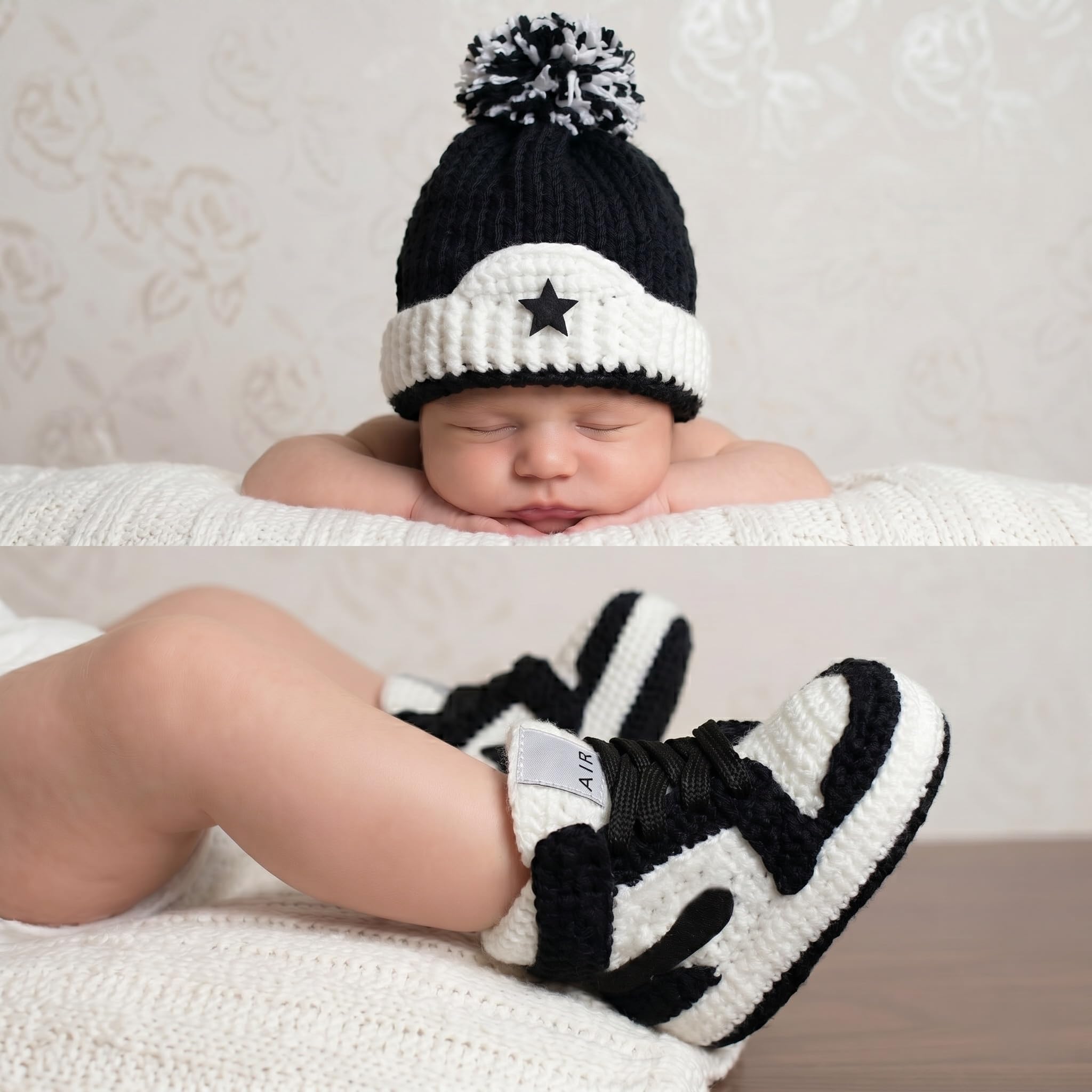 Häkel Baby Jordan Sneaker Booties und Mütze Set Schwarz Weiß für Neugeborene Jungen Mädchen, Basketball High-Top Krabbelschuhe, Heimkehr-Outfit, Babyparty Geschenk, 0-3M 3-6M 6-9M 9-12M