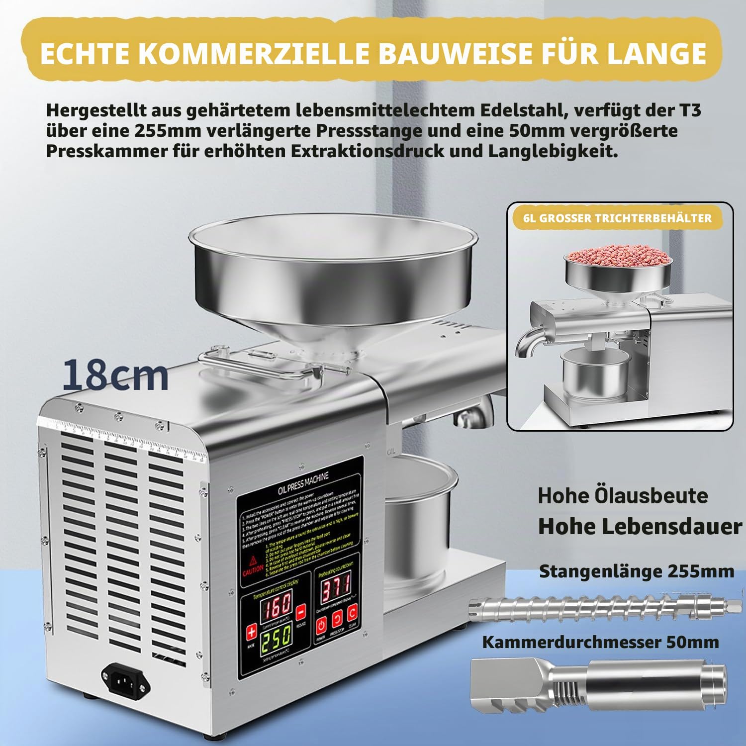Automatische elektrische Edelstahl Ölpresse 1100W, 6L Trichter, Heiß- & Kaltpressung (40°C–260°C), Öl Pressmaschine für Walnüsse, Sesam & Sojabohnen – Haushalt & Gewerbe