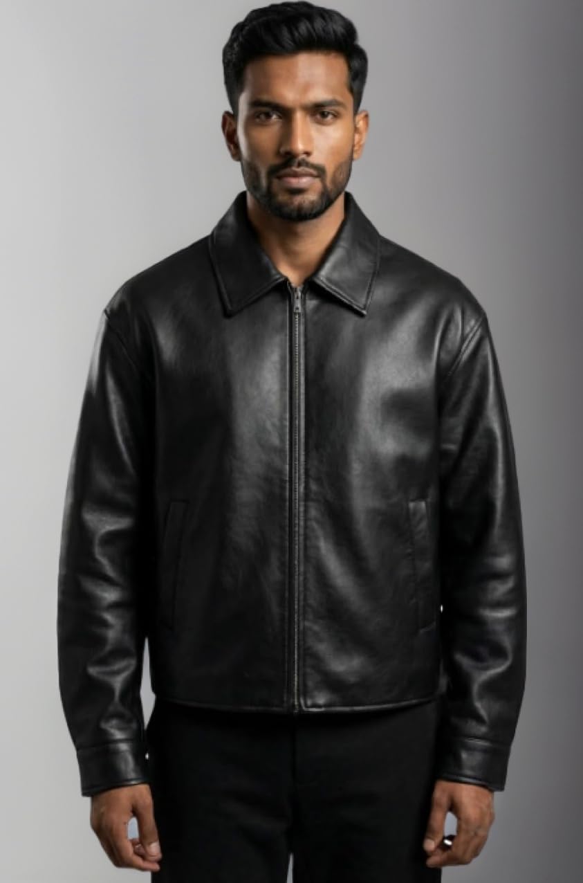 Men’s Black Leather Jacket With Full Zip Front Classic Or Collar Solid For Casual Street Style Riding Travel Evening Look
