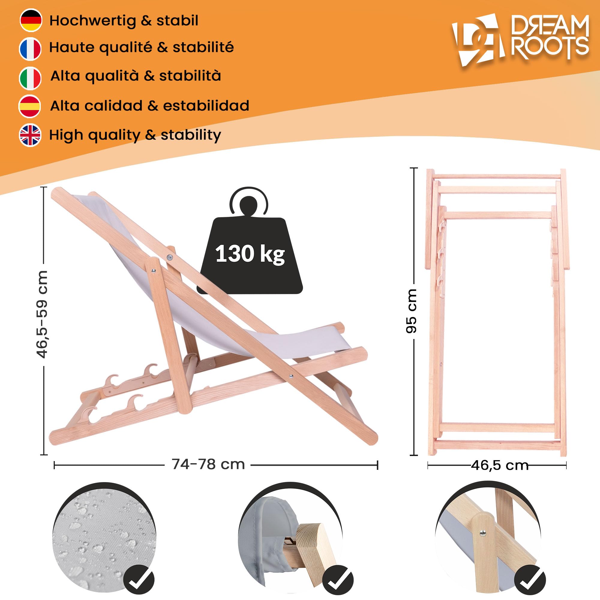 DreamRoots Sdraio Pieghevole Bambini 130kg - Sedia Pieghevole - Sdraio Legno Di Faggio - Sediolina Mare Bambini 100% poliestere 220 g/m2