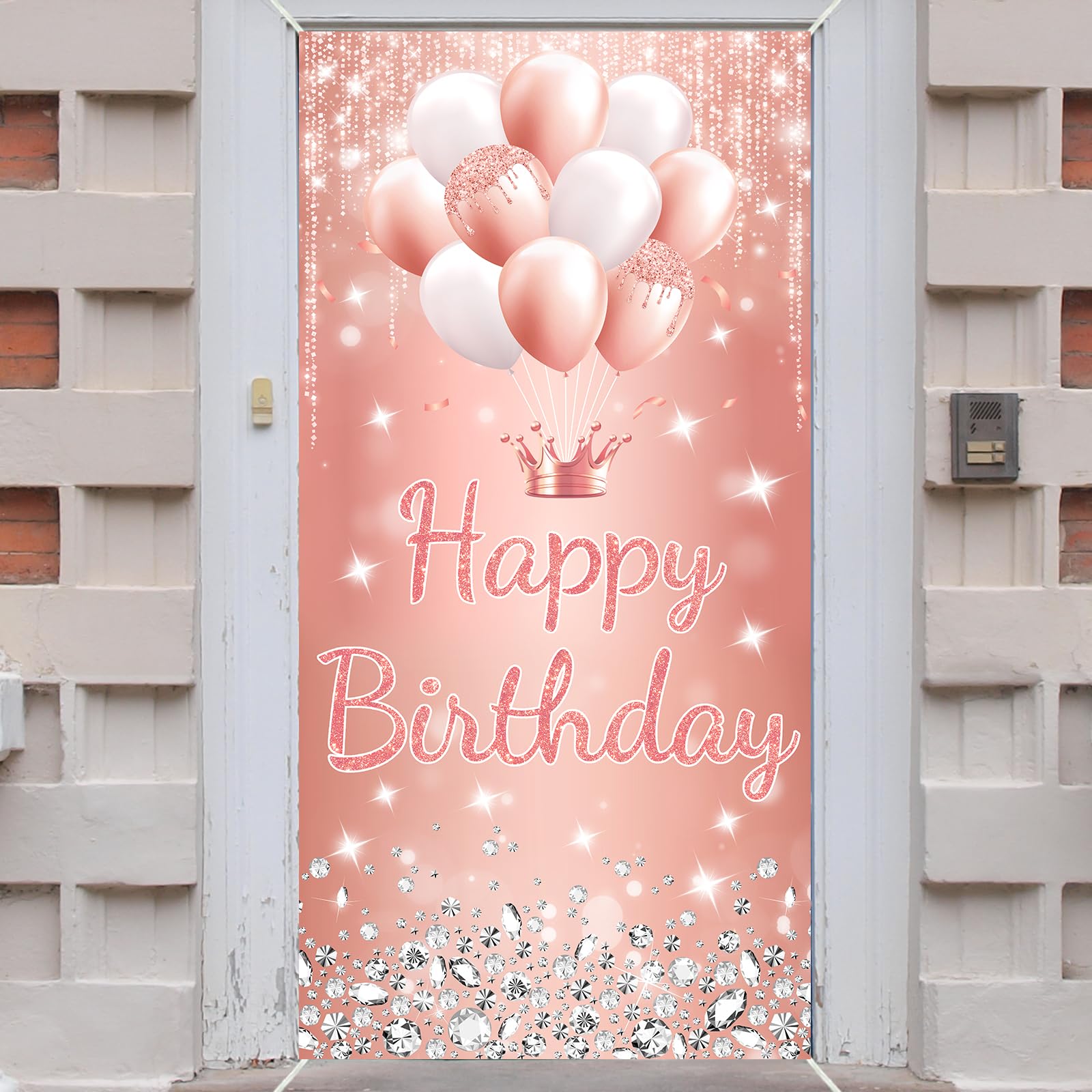 Pink Rose Happy Birthday Door Banner Backdrop for Women Girls Happy Birthday Door Decorations Background Party Supplies 16th 21th 30th 40th 50th