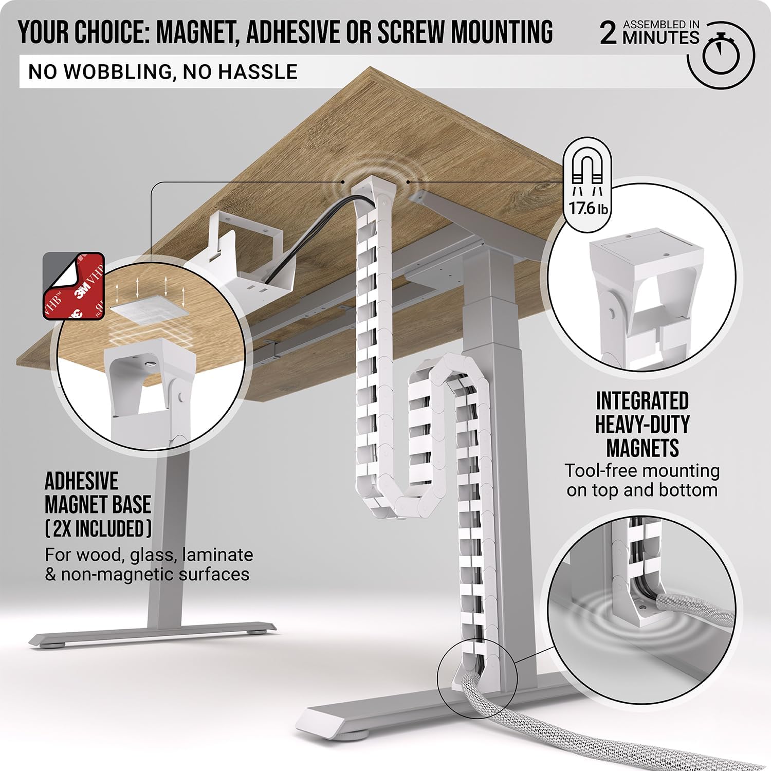Ultimate Setup Under Desk Cable Management Vertebrae - Perfect for Sit Stand Desk - White, 133 cm