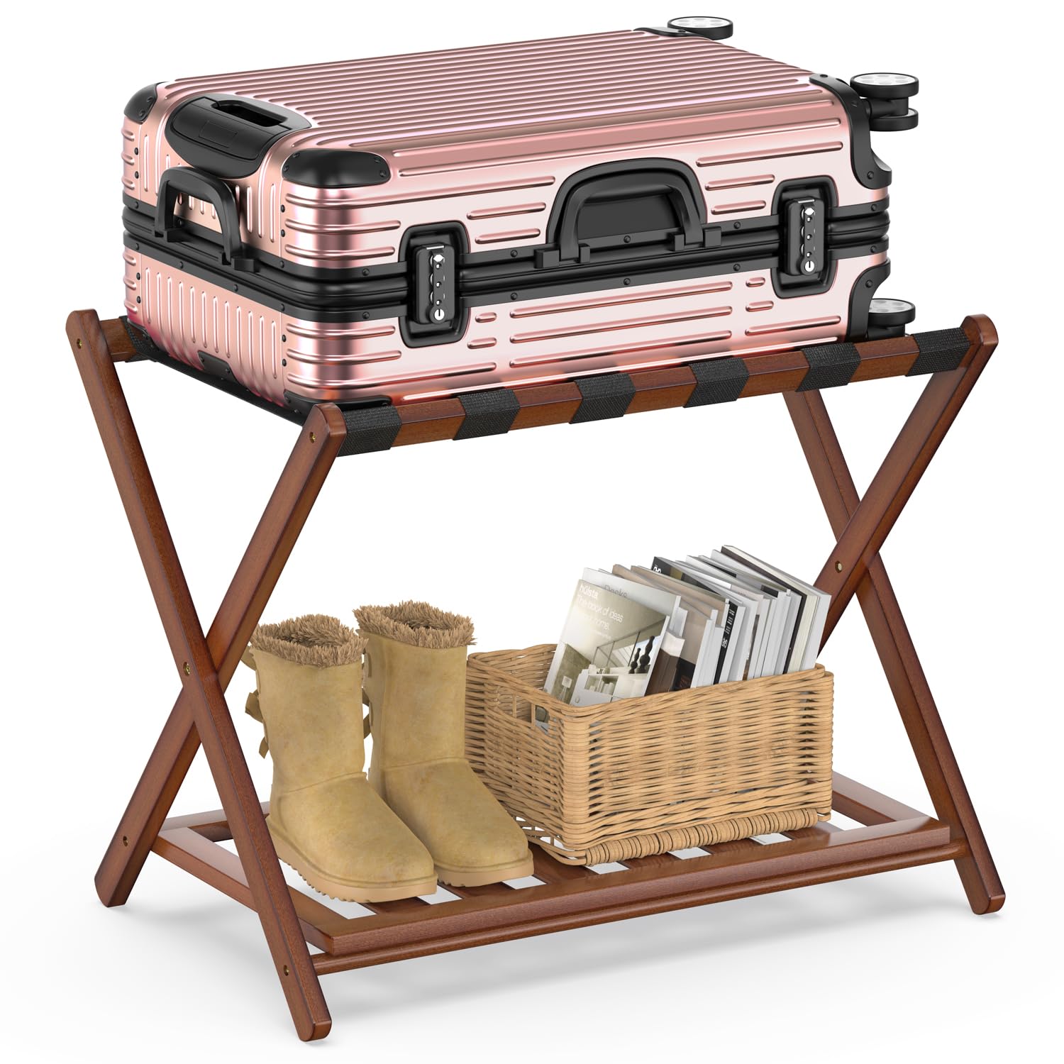 Bamboo Luggage Rack for Guest Room, Wide Suitcase Stand with Storage Shelf, Folding Luggage Stand Holder for Bedroom Hotel, 26.77" Thickened Luggage Rack for Suitcases, Brown