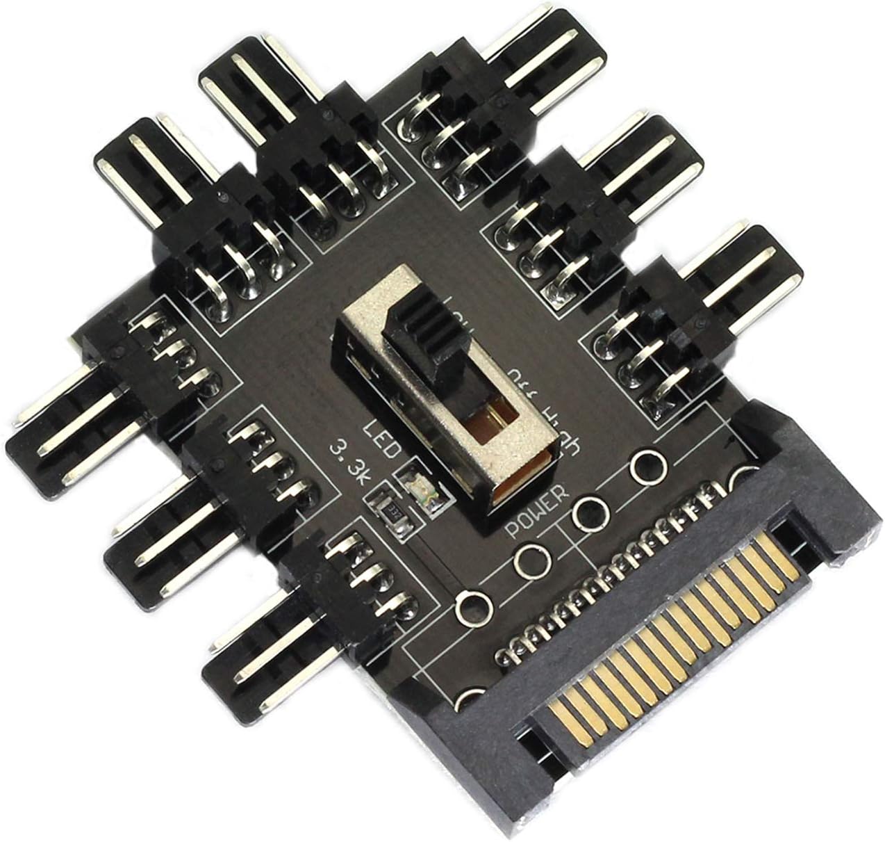 Maxmoral 1-Pack 8 Way PC Fan Hub 3Pin Computer Cooling Fan 2 Level Speed Controller PCB Adapter SATA 1 to 8 Multi Way Splitter