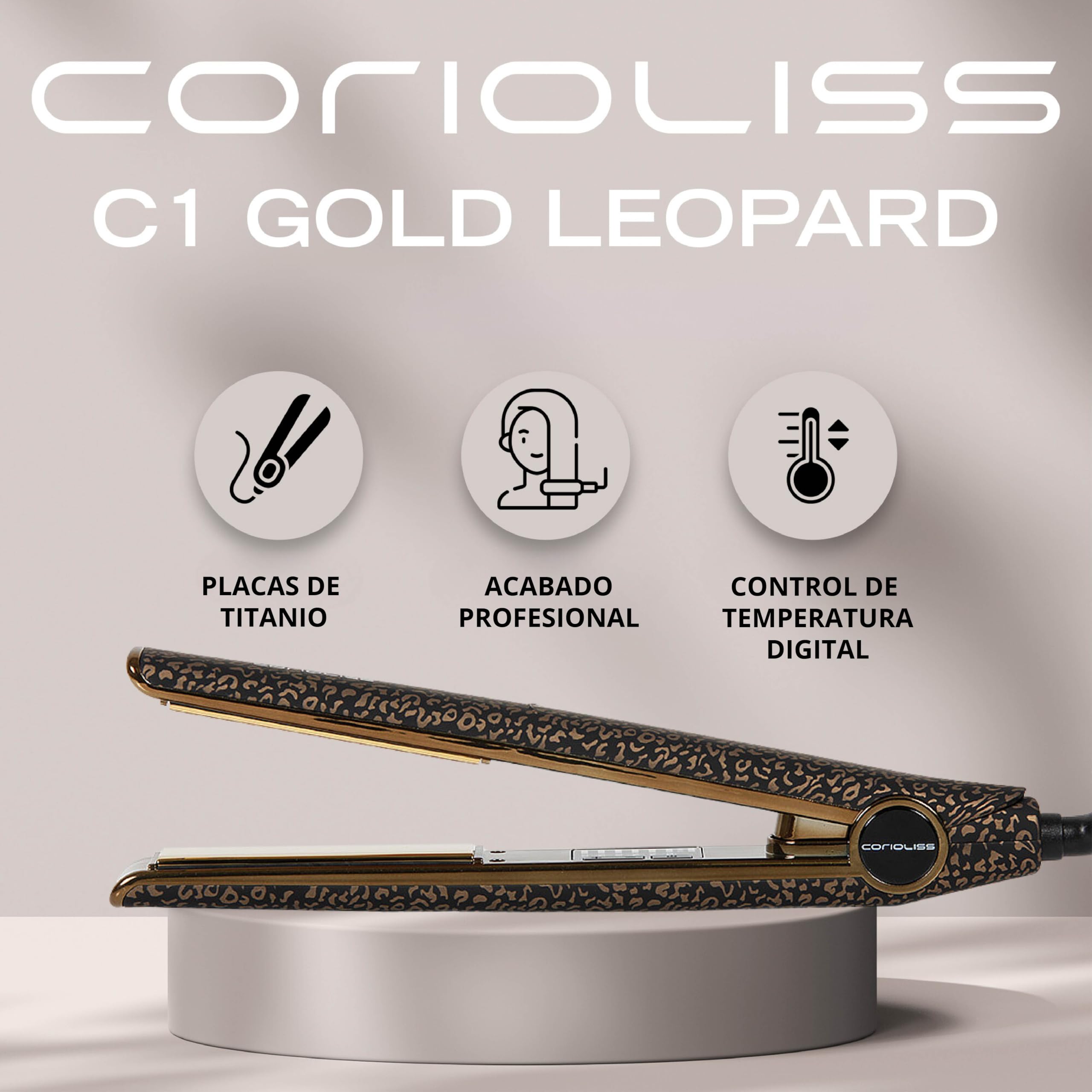 Corioliss C1 | Plancha del pelo Profesional | Placas de titanio | Alisado y Ondas | Temperatura ajustable 120º-235º | Calentamiento 20 seg | Con funda de Viaje | Leopard Gold
