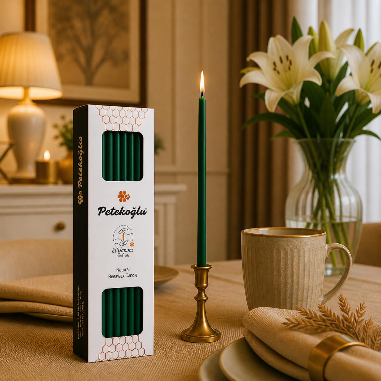 Petekoğlu 40 velas verdes de cera de abeja pura, sin goteo, sin humo, altas, finas velas decorativas para oración de iglesia, decoración o velas de cumpleaños, velas perfumadas a miel