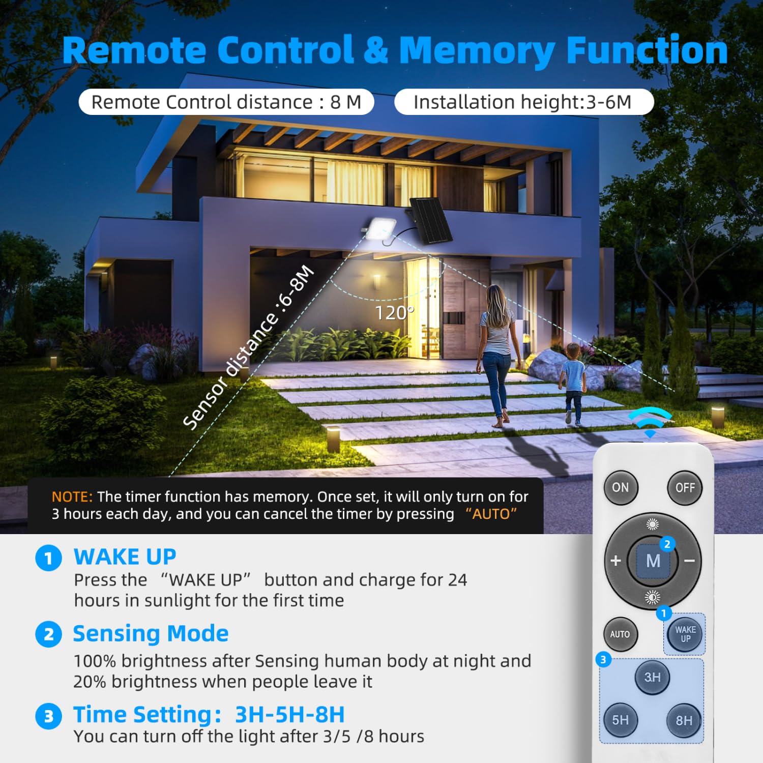 Aigostar Foco LED solar exterior con gran panel solar,Súper Luminoso,8000mAH,Batería gran capacidad,Impermeable IP66 Luz Solar,lampara solar con detección de movimiento para jardín,6500K,2 Piezas
