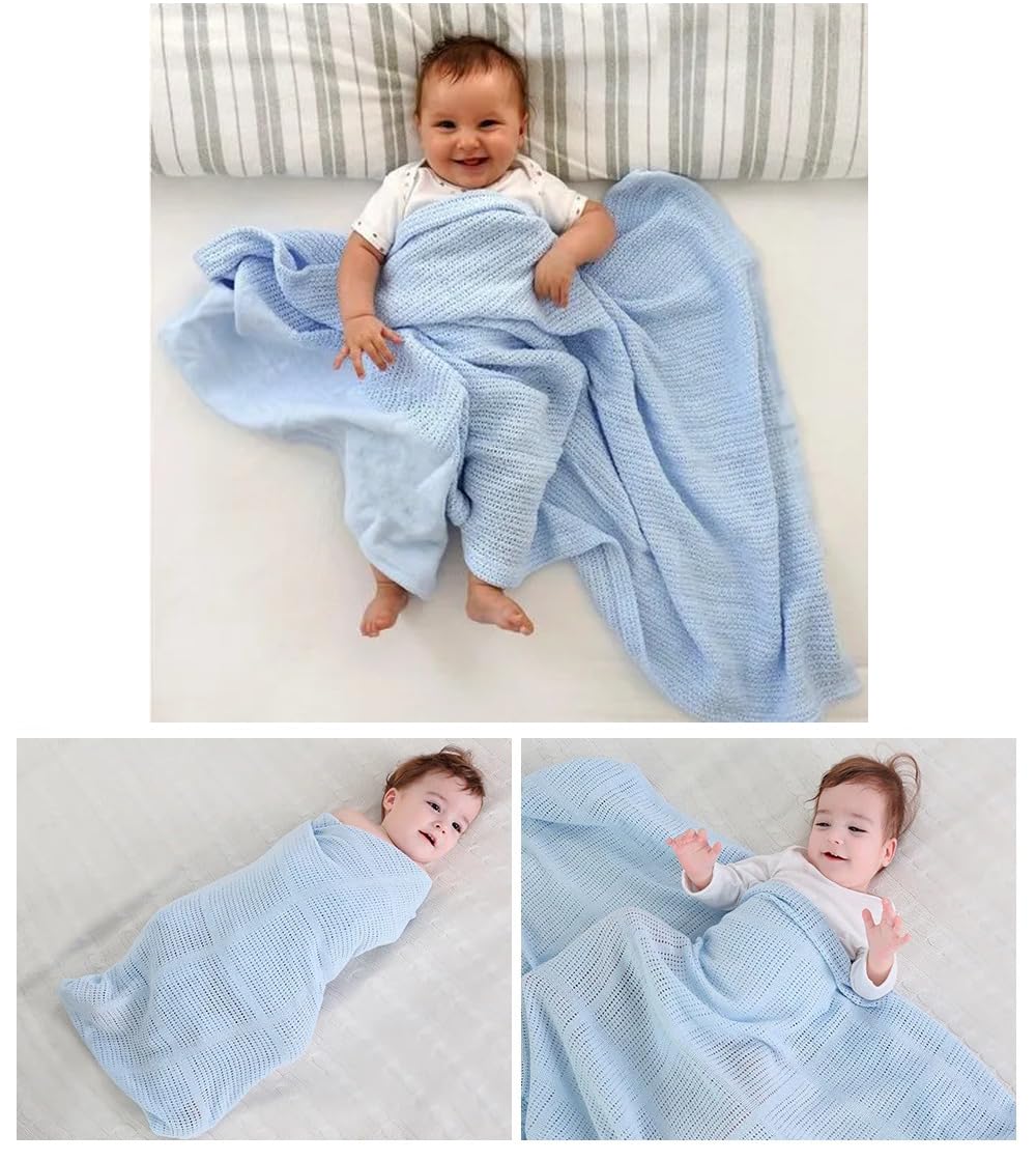 Dazzle Collection Baby Blankets 100% Organic Cotton Extra Soft Cellular Baby Blanket for Moses Baskets, Cots, Pram, Crib, Pushchairs (75 x 95 cm) (Blue)