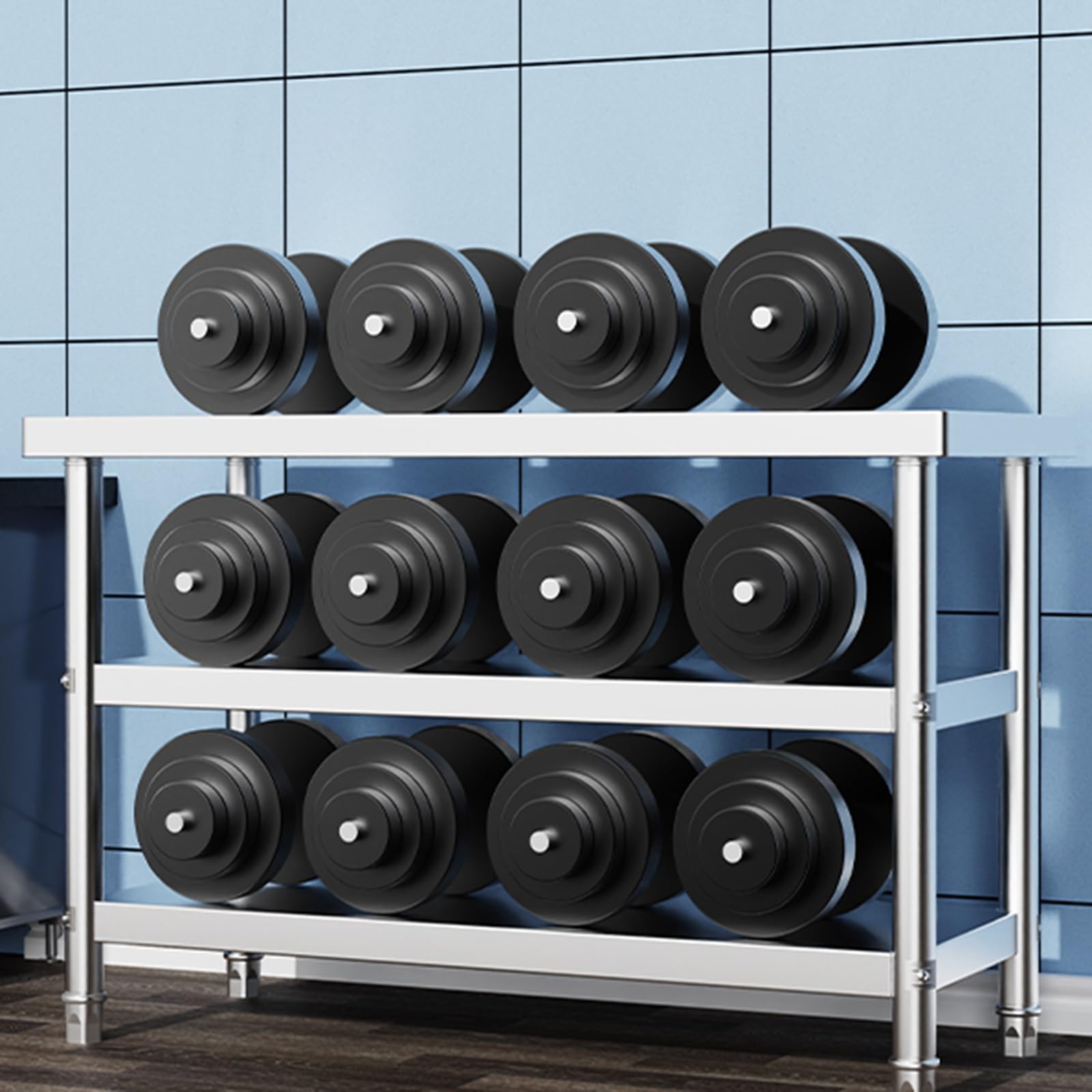 Tavolo da lavoro commerciale in acciaio inox, resistente, 3 ripiani, con angoli arrotondati, impermeabile e antiruggine, altezza 80 cm, ideale per cucina e ristorazione