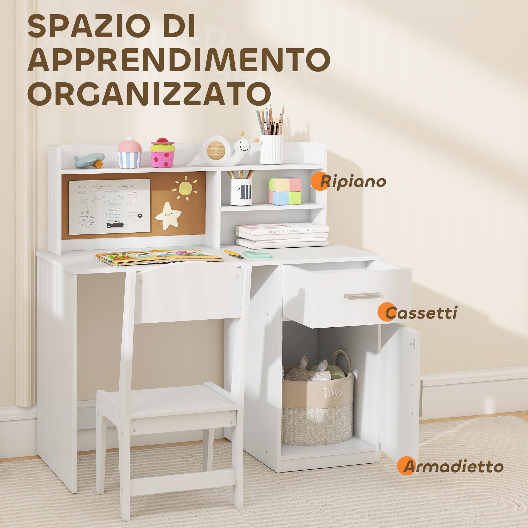 AIYAPLAY Set Scrivania e Sedia per Bambini con Ripiani, Armadietto, Cassetto e Bacheca, Set Tavolo e Sedia per Bambini 3-12 Anni, Banco Scuola per Ragazzi in Legno per Cameretta, Sala Studio, Bianco