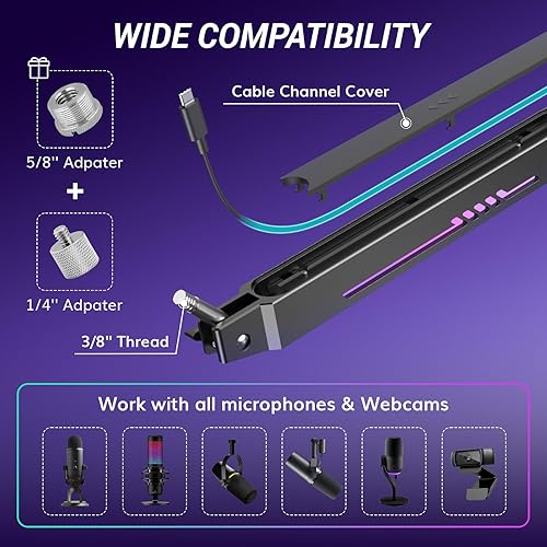 Miniatura 3 de TONOR Brazo de micrófono para juegos RGB, brazo de micrófono de perfil bajo con luz RGB controlable, soporte de micrófono con gestión de cables, 38