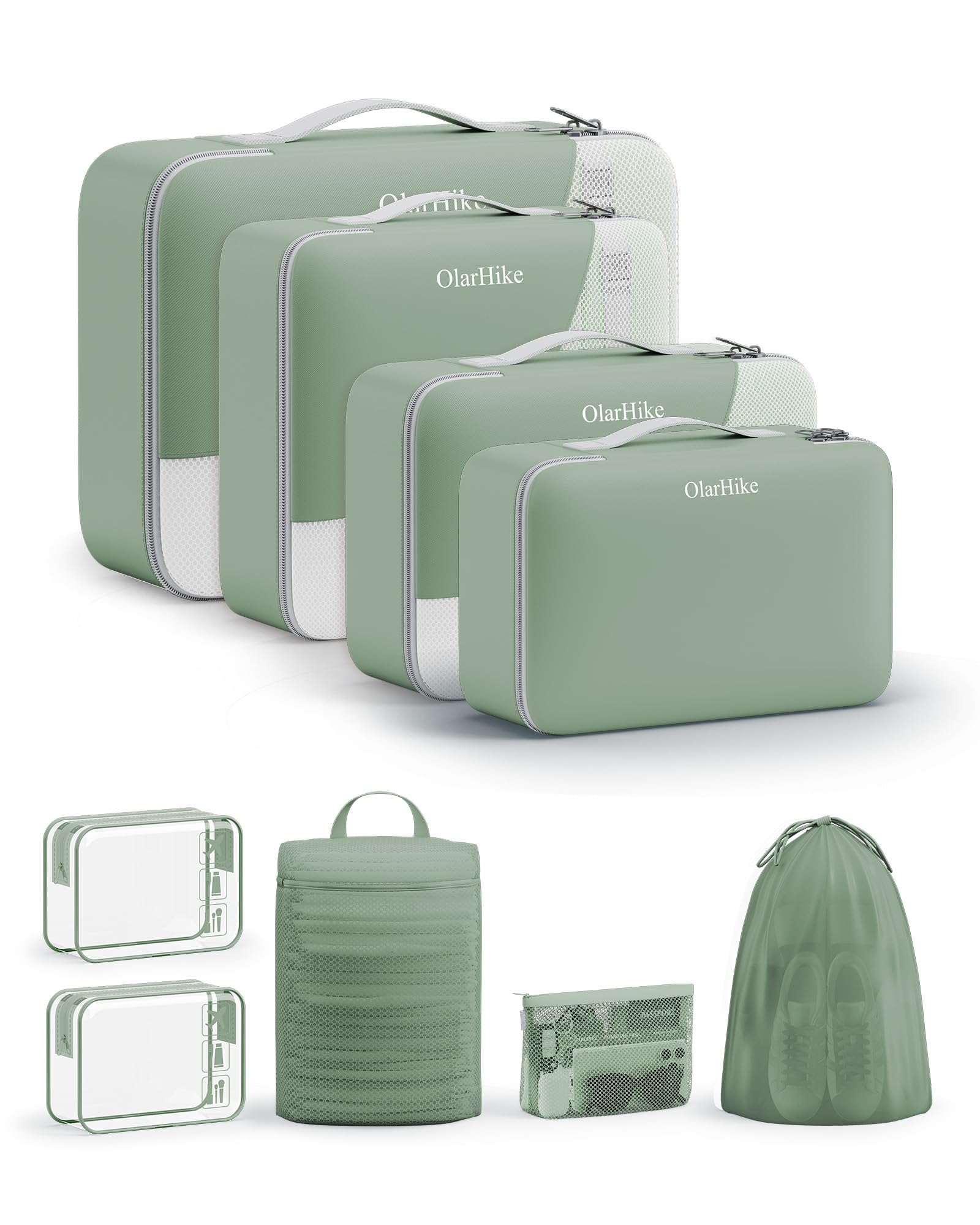 OlarHike Packing Cubes for Travel,Gifts for Women Mom,Anti-Tearing Suitcase Organizer for Luggage with Shoe &amp; Hanging Toiletry Bag,Vacation Essentials &amp; Accessories for Cruise Ship,9 Set,Matcha Green