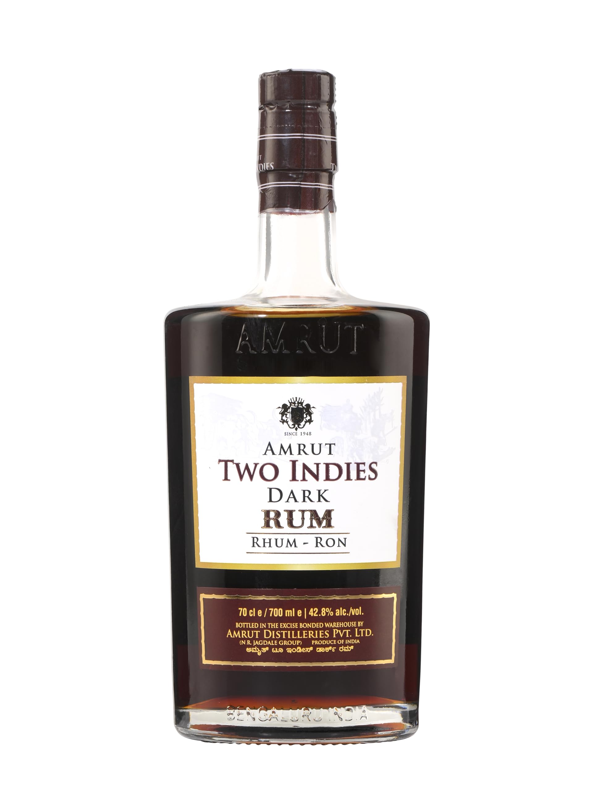 AMRUT - Two Indies Dark Rum - 42,8% Alcool - Origine : Inde - Notes de Fruits Noirs & Réglisse - A déguster pur ou en cocktail - 70 cl
