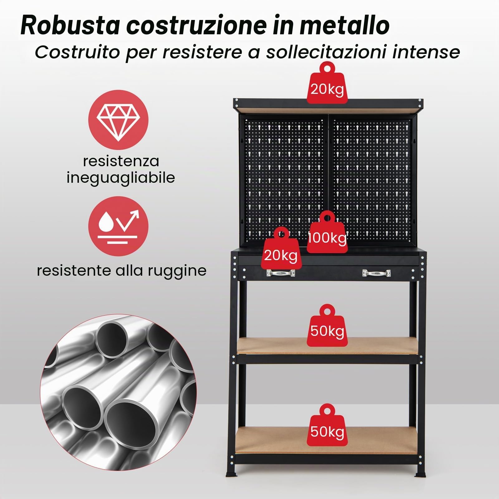 FANTASK Banco da lavoro alto 155 cm, banco attrezzi con parete forata e 13 accessori, tavolo da lavoro con cassetto