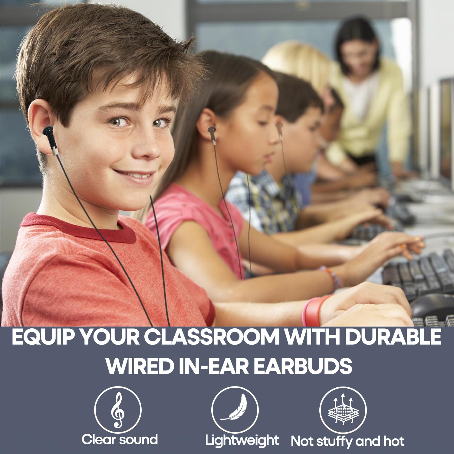 Wholeslae - Paquete de 50 auriculares a granel para niños, escuela, aula, juego de auriculares con cable para estudiantes, niños, adolescentes, niños, niñas, empaquetados individualmente