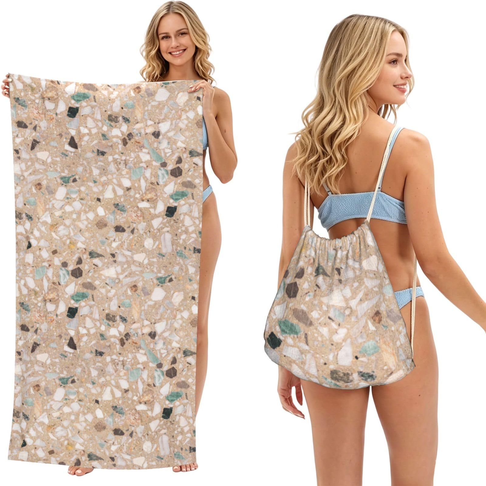 Poadnly As Picture Terrazzo Natural Stone, 2 In 1 Packable Towel Bag, Beach Towels With Drawstring Backpack For Travel Holiday Camping