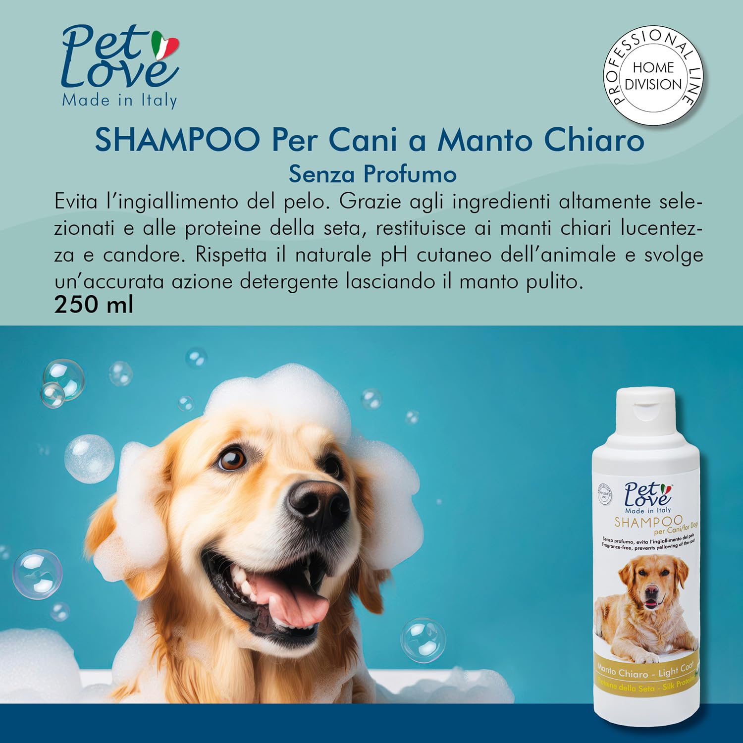 Pet Love | Shampoo Professionale per Cani a Manto Chiaro – Azione Detergente e Igienizzante –Senza Profumo - 250 ml