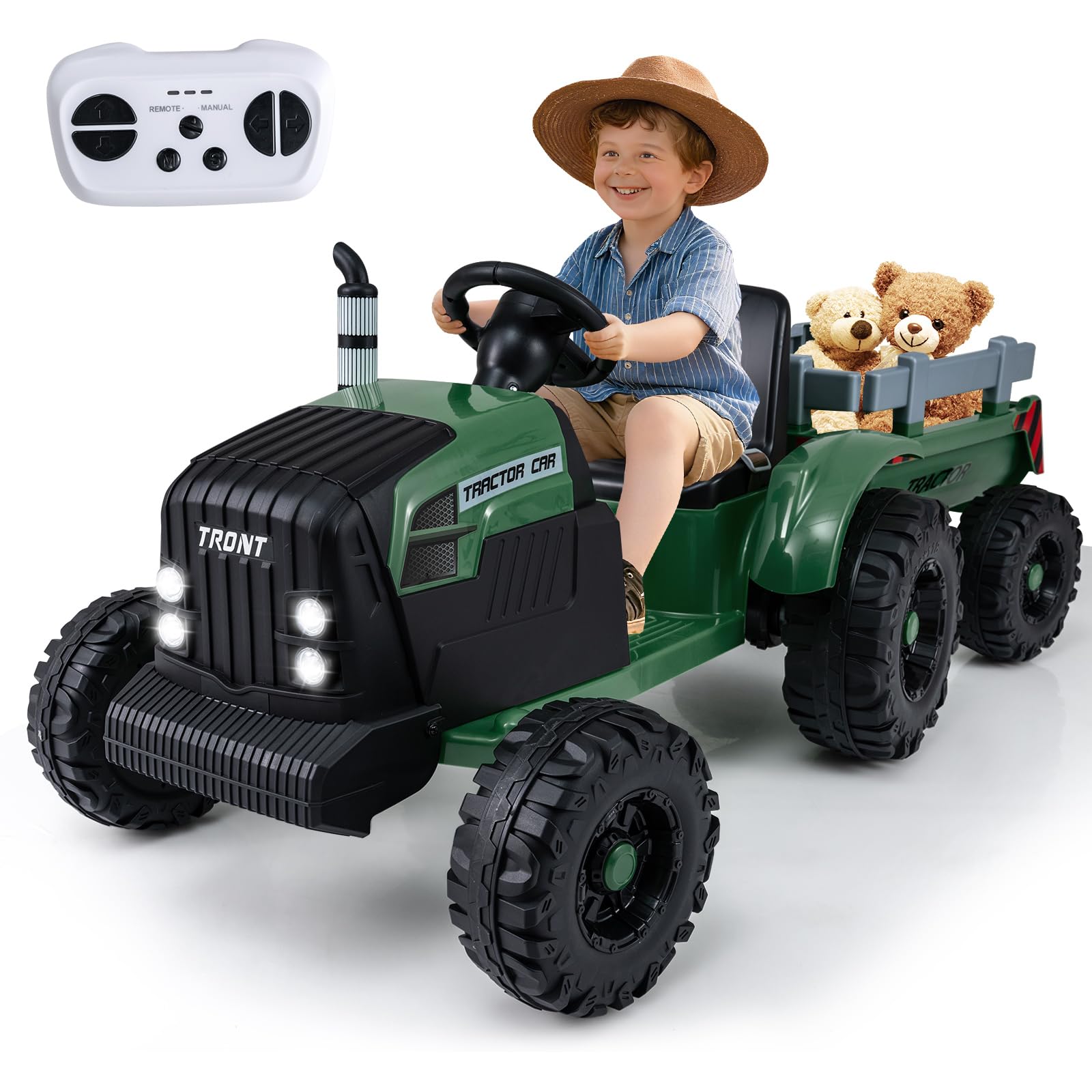 COSTWAY 24V Ride on Tractor with Trailer, Kids Electric Car with Remote Control, 15° Climbing, Music, Wireless, 2 Motors Battery Powered Ride on Cars for 3-8 Years Old (Dark Green)