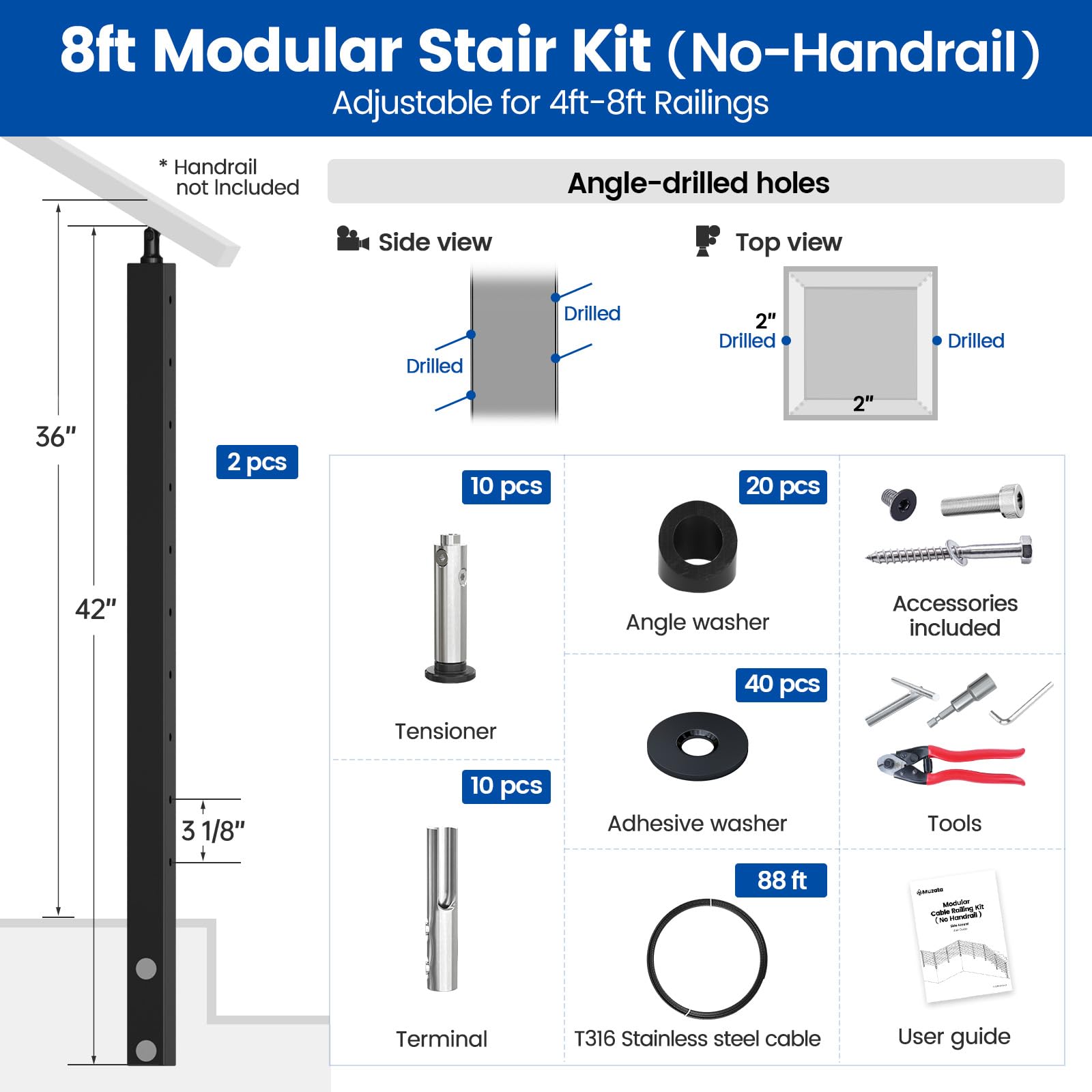 Condition photo showing New/Like New for muzata 4-8ft modular black side mount cable railing kit 36 inch 2 stair post kit complete set cable railing system for stairs length adjustable easy diy with paper user guide (no handrail) rw29