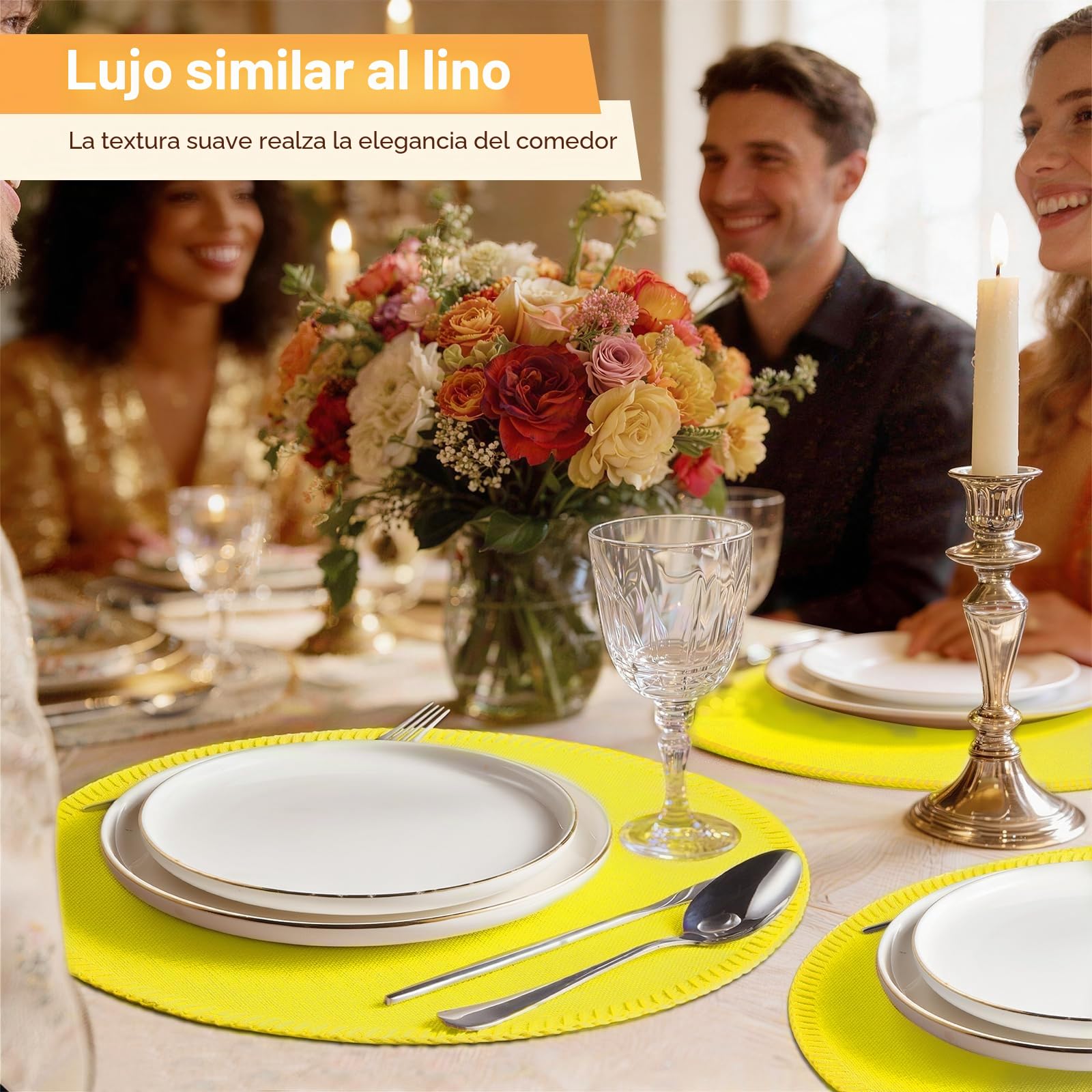 Juego de 8 manteles Individuales Redondos de Tela, Tela de Lino rústico, Lavables a máquina, Resistentes al Calor, manteles Individuales sin Arrugas, de poliéster (Amarillo)