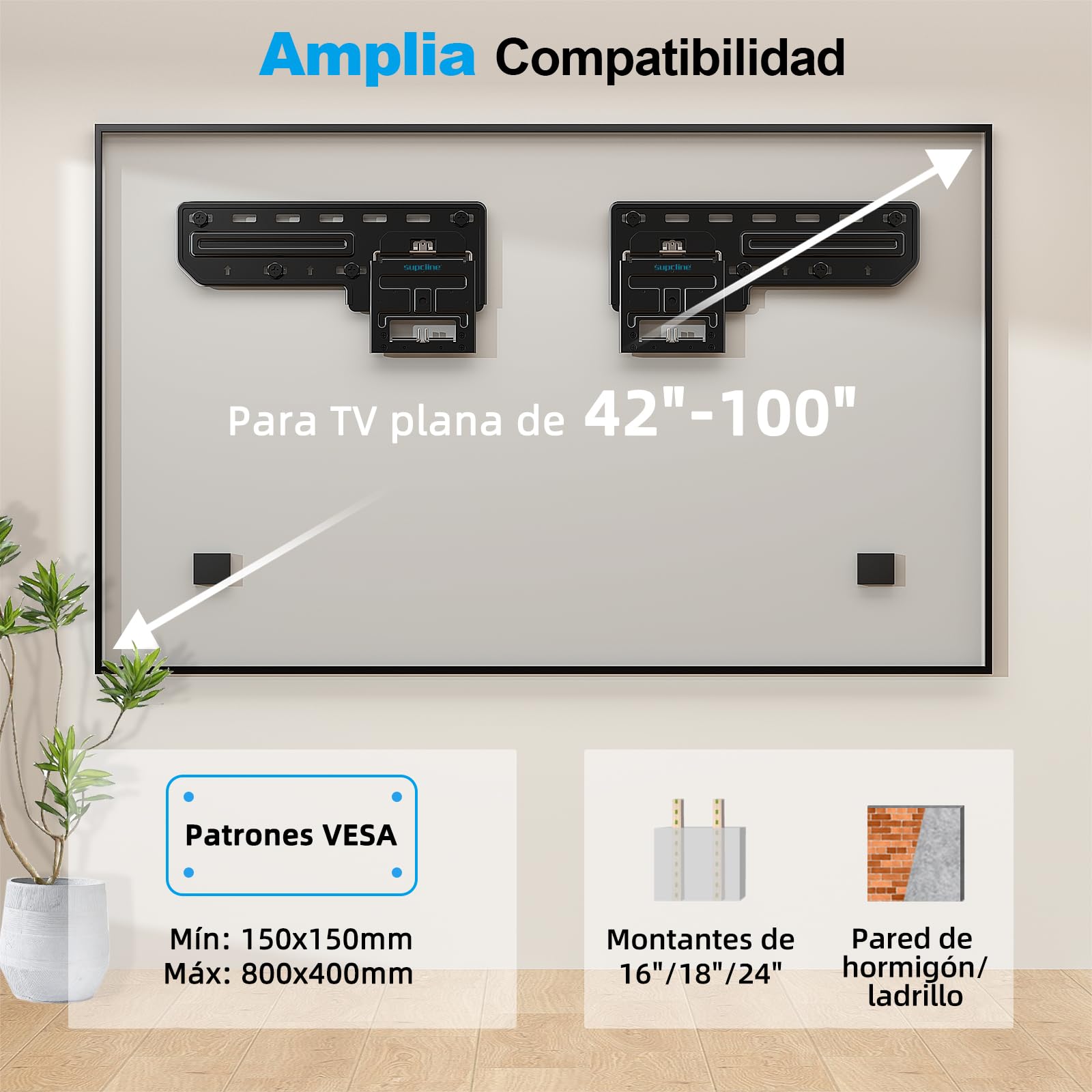 Soporte Pared Ultra Delgado 42-100" TV Plana/Marco, Soporta hasta 80KG | Solo 0.3 Pulgadas de Perfil bajo Plano a Pared, Soporte de TV de Micro Hueco