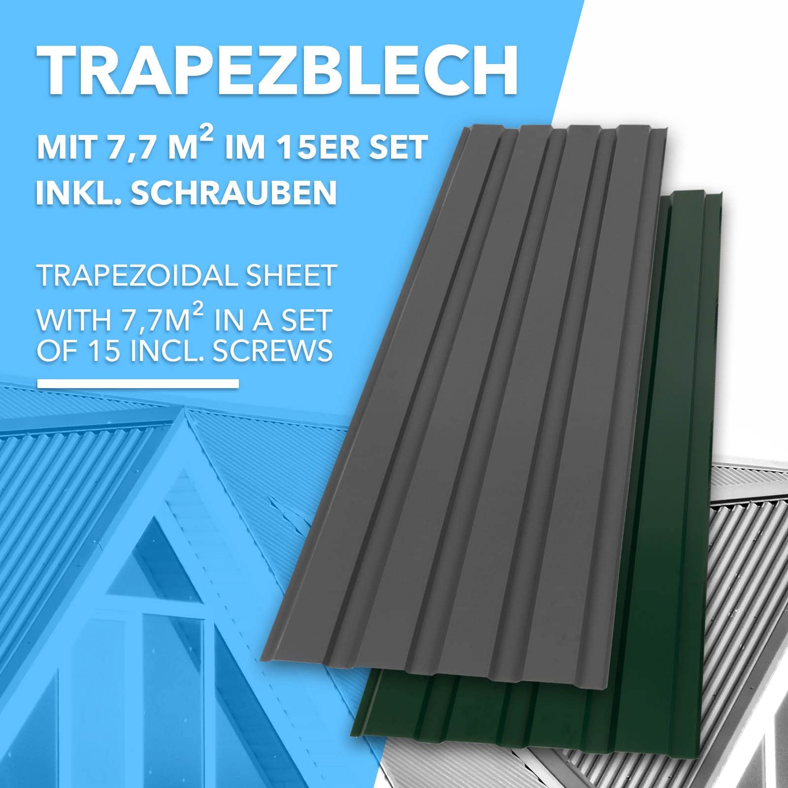 KARAT - 15 Pezzi di lamiera trapezoidale 115 x 45 cm - Set di Fogli profilati con Viti - 7, 7 m² lamiera da Parete - Spessore 0, 25 mm - Piastre per Tetto in lamiera d'Acciaio (Verde)