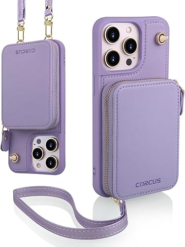 Funda tipo cartera cruzada compatible con iPhone 15 Pro Max con correa de bloqueo RFID, cierre de cremallera, funda de cuero acolchada para