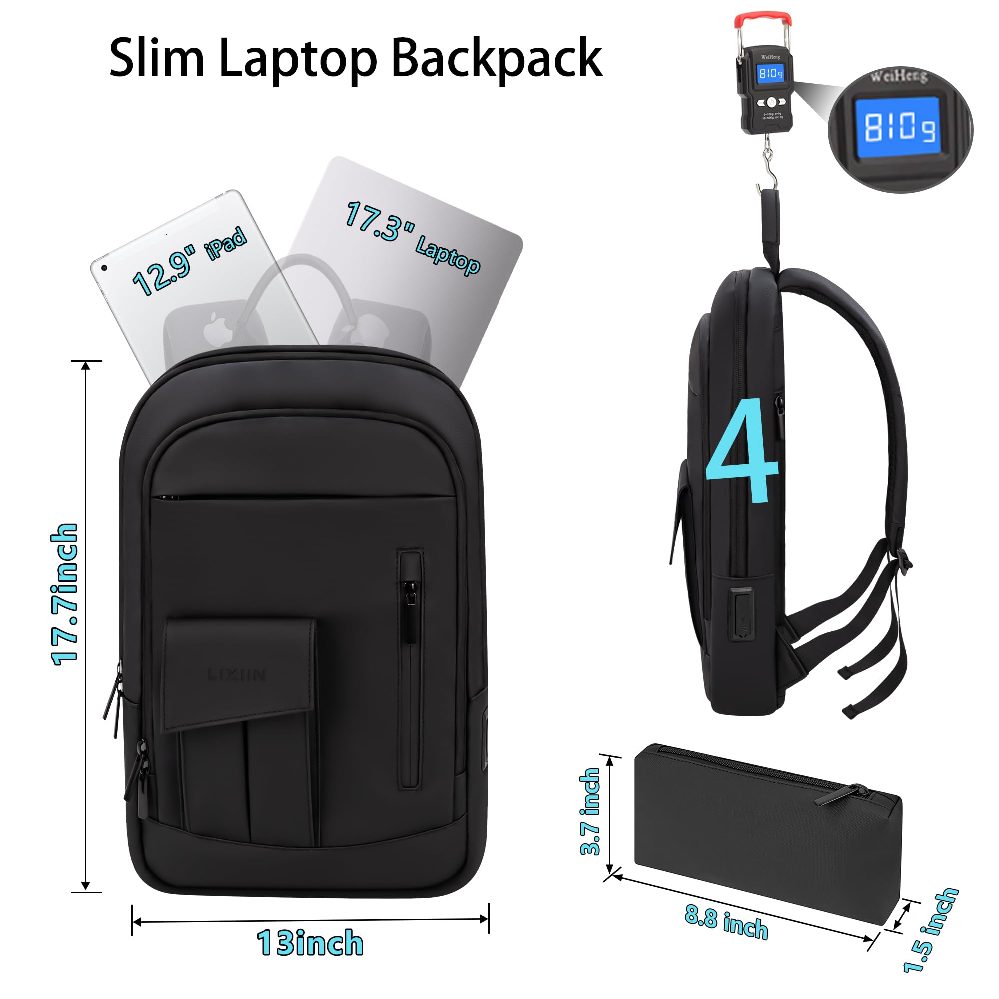 Zaino da lavoro per uomo zaino per laptop antifurto impermeabile zaino adatto per laptop da 15,6 pollici per lavoro quotidiano viaggi, nero, 17.3”, classico