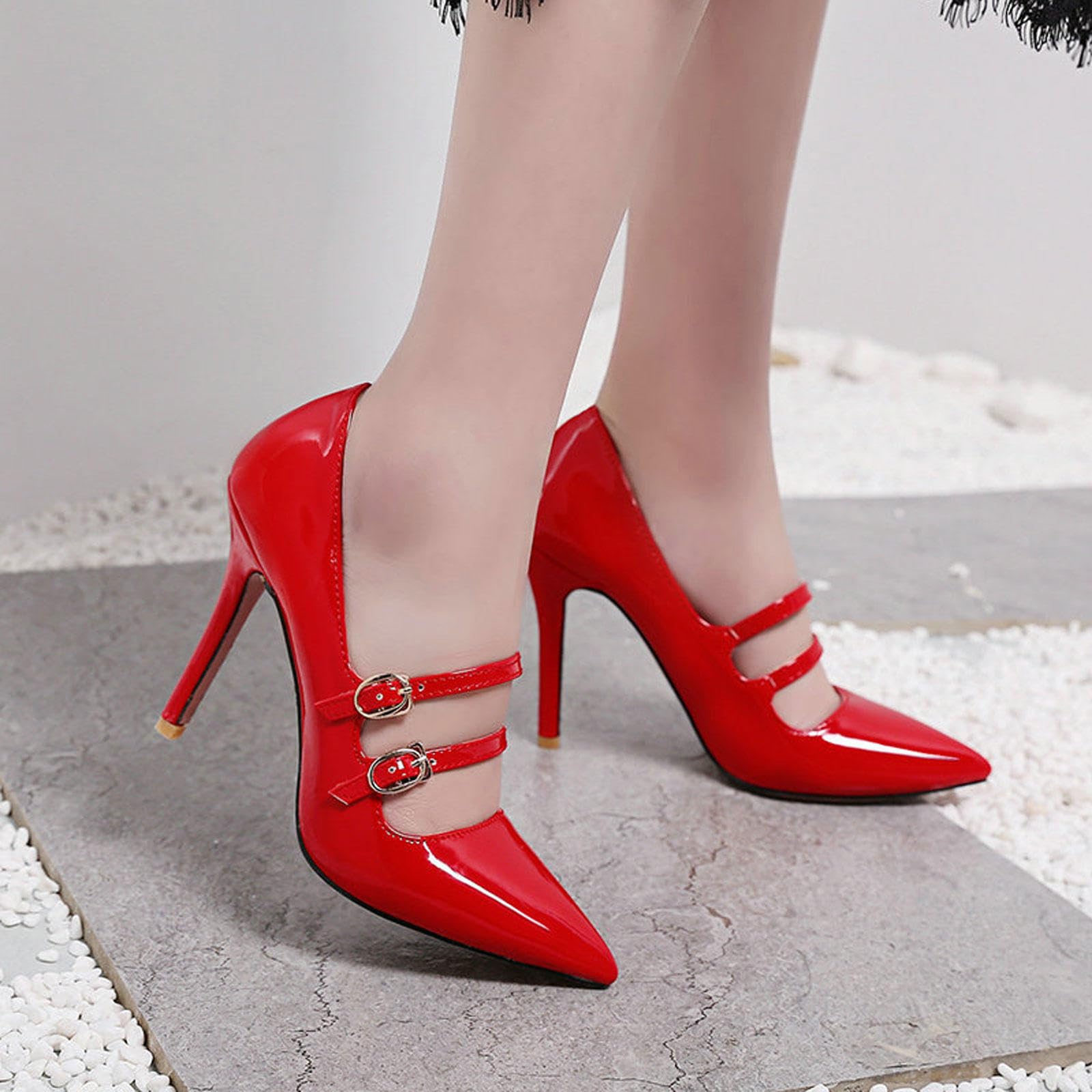 Talons Hauts Escarpins Talons Aiguilles Bout Pointu Femmes Chaussures Bureau Double Boucle Bride pour Robe Mariée 10cm,Red-39
