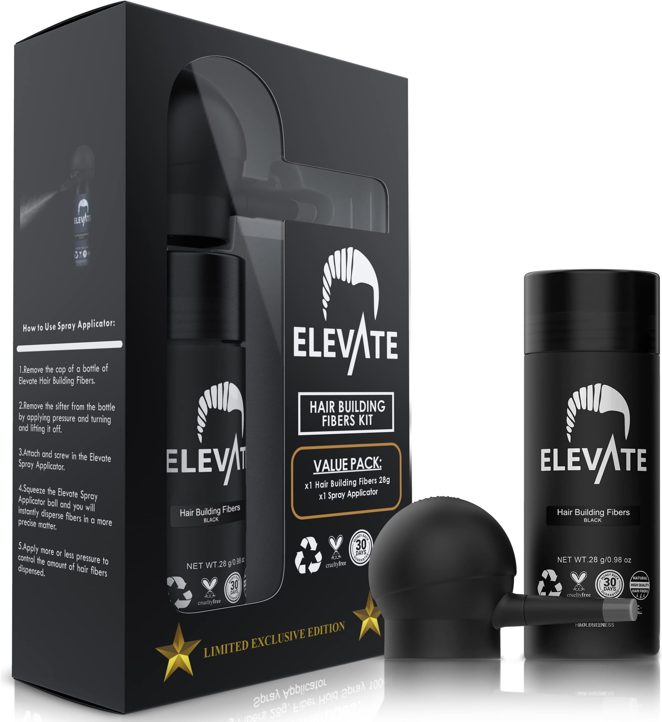 Hair Perfecting 2-in-1 Kit | Set Includes Natural Hair Thickening Fibers & Spray Applicator Pump Nozzle | Instantly Conceal & Thicken Thinning Balding Areas in Seconds Men & Women (Black)