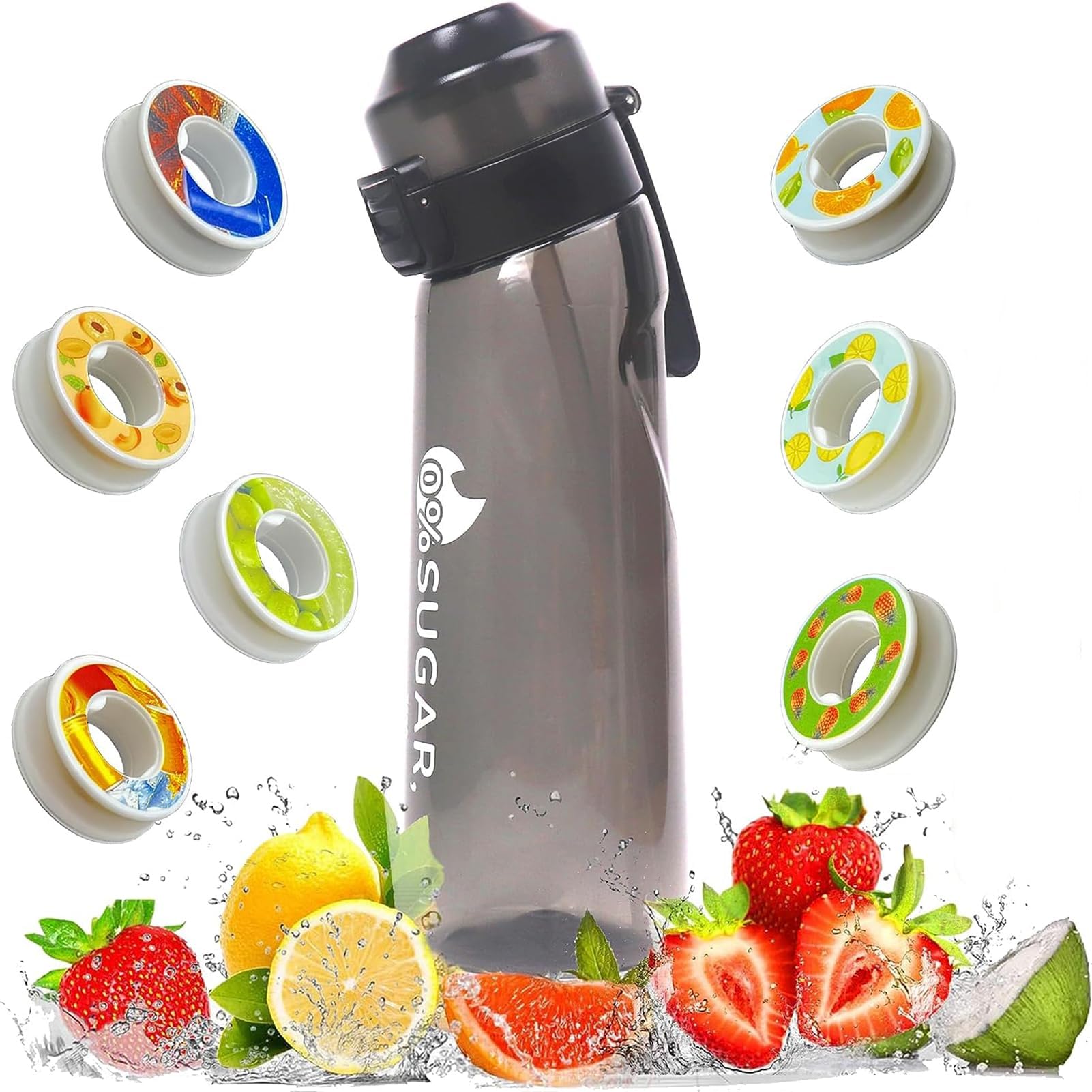 Sports Air Water Bottle BPA Free Starter up Set Drinking Bottles,650ML Fruit Fragrance Water Bottle,with 1 Random Flavour pods 0% Sugar Water Cup,for Gym and Outdoor (Black)