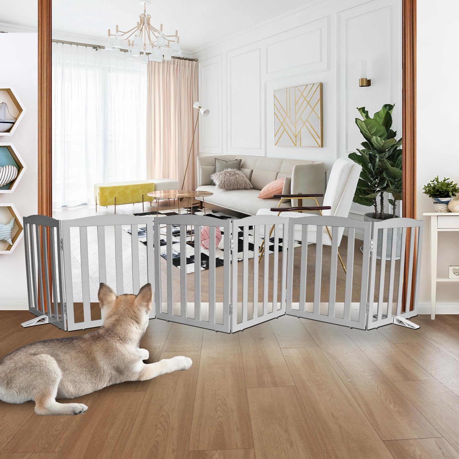 ZJSF Foldable Freestanding Indoor Dog Gate for House Wood Long Pet Gates Dog Fence for Stairs Puppy Gates for Hallways, Puppy Gate,Support Feet