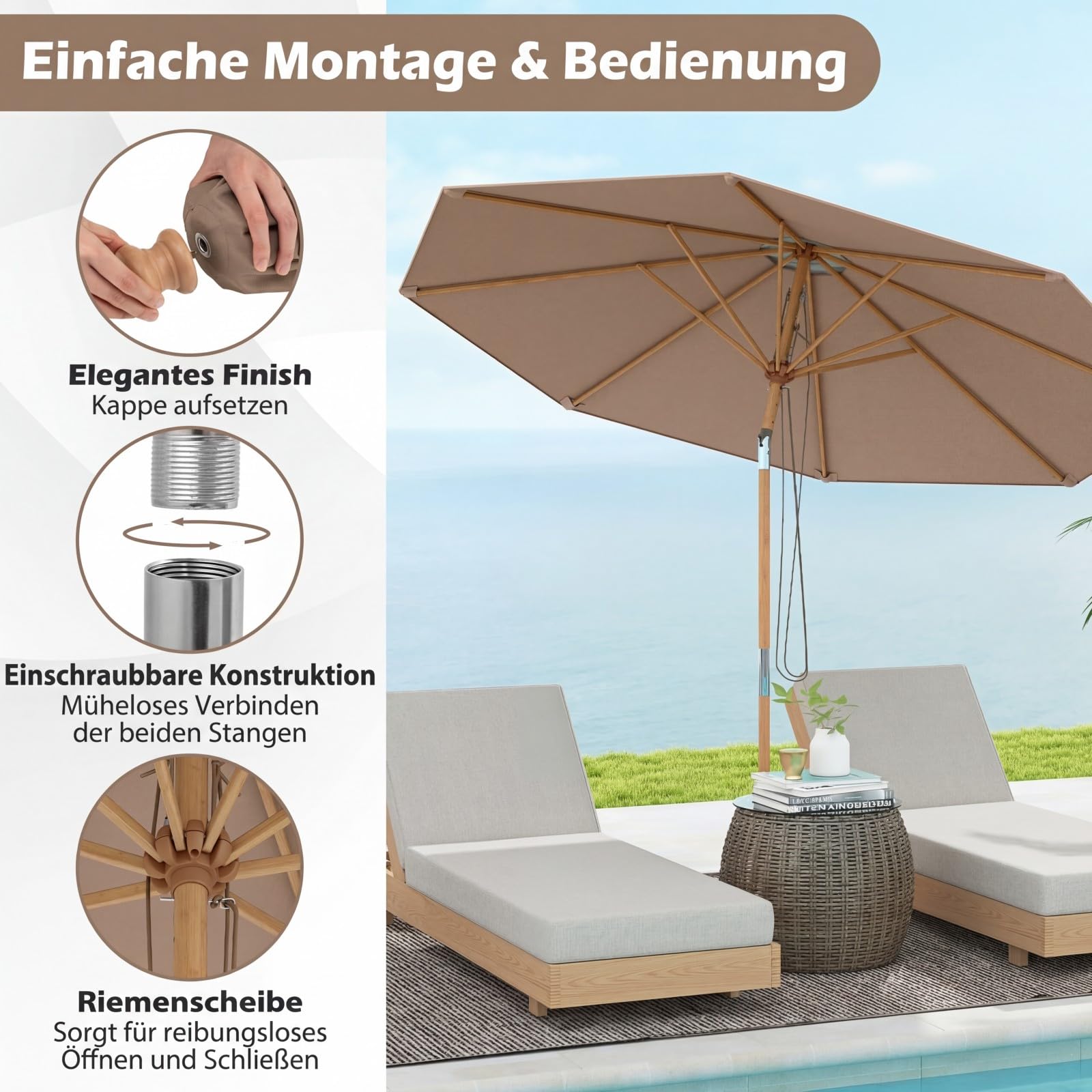 COSTWAY Sonnenschirm 270 cm, Gartenschirm aus Holz, beidseitig um 30° knickbar, Balkonschirm, Terrassenschirm, Sonnenschutz, Marktschirm für Garten, Balkon, Terrasse (Khaki Tan)