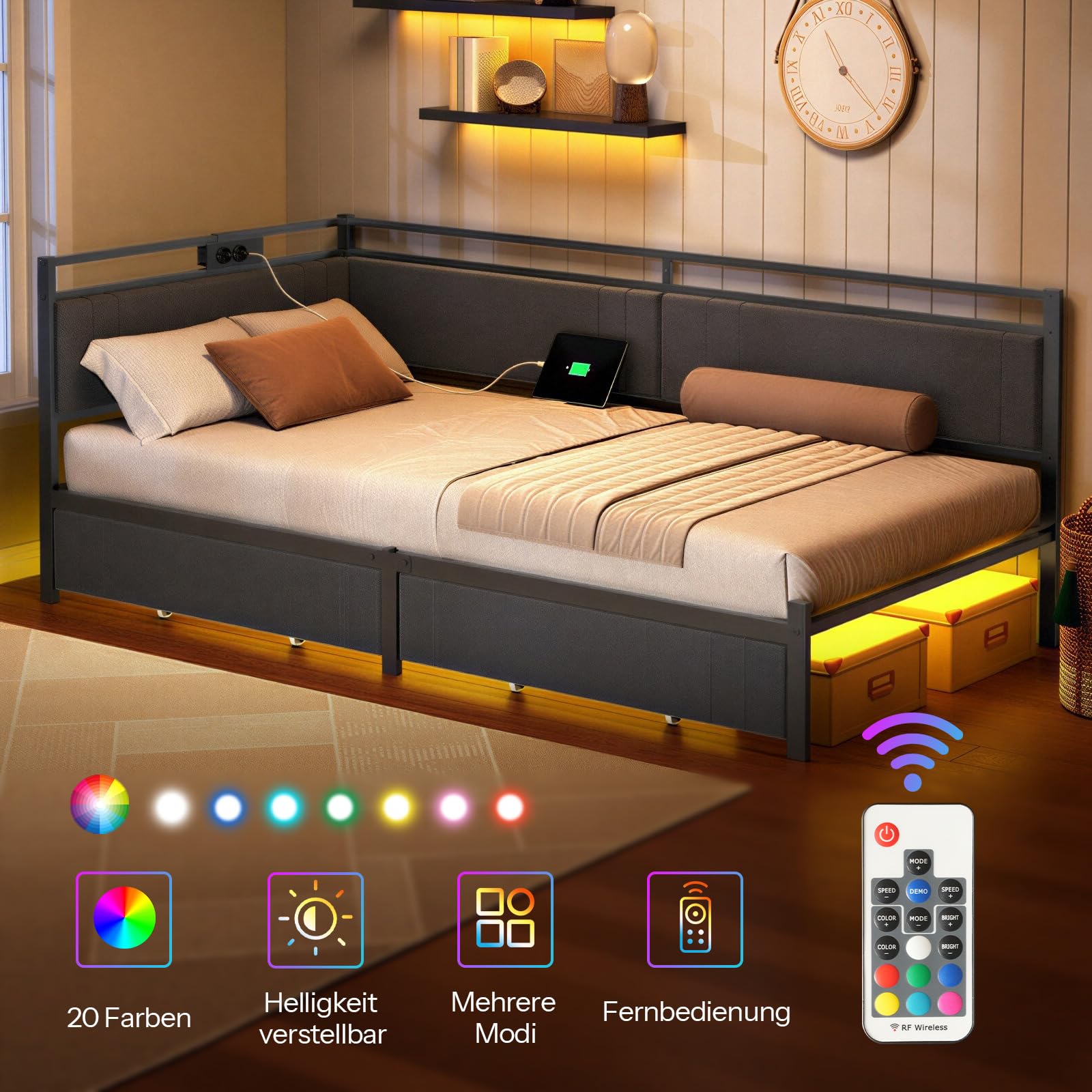 HOOBRO Polsterbett Schlafsofa 90x200, Jugendbett mit LED-Beleuchtung und USB-Ladestation, Tagesbett mit 2 Schubladen und Lattenrost, Gästebett, Einzelbett, Grau und Schwarz EBG81CDBF01