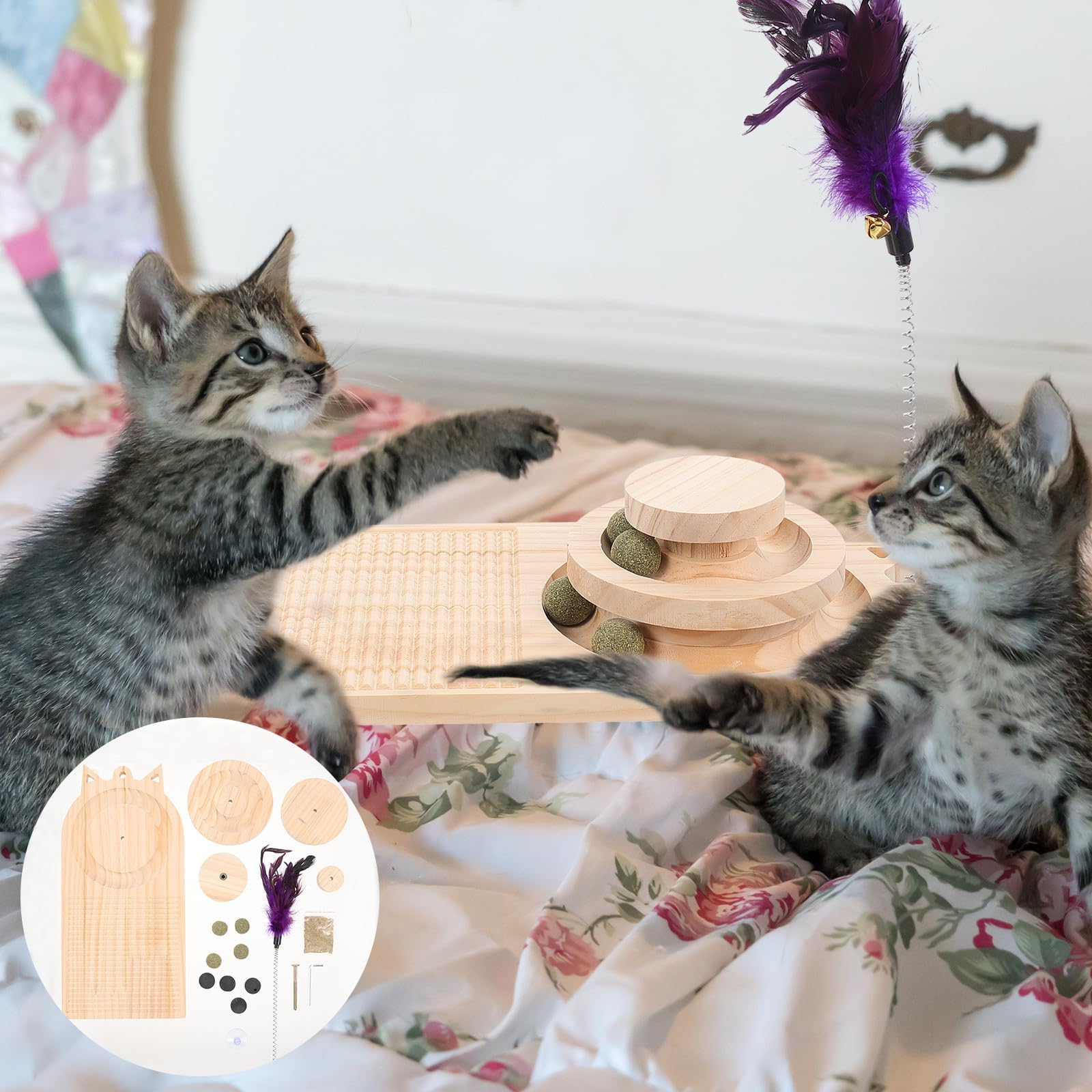 Abaodam Interaktives Katzenspielzeug mit 2 lagigem Drehteller und Trackball Robustes Katzenkratzbrett für Kätzchen und Erwachsene Katzen zur Beschäftigung Zufällige Farbe