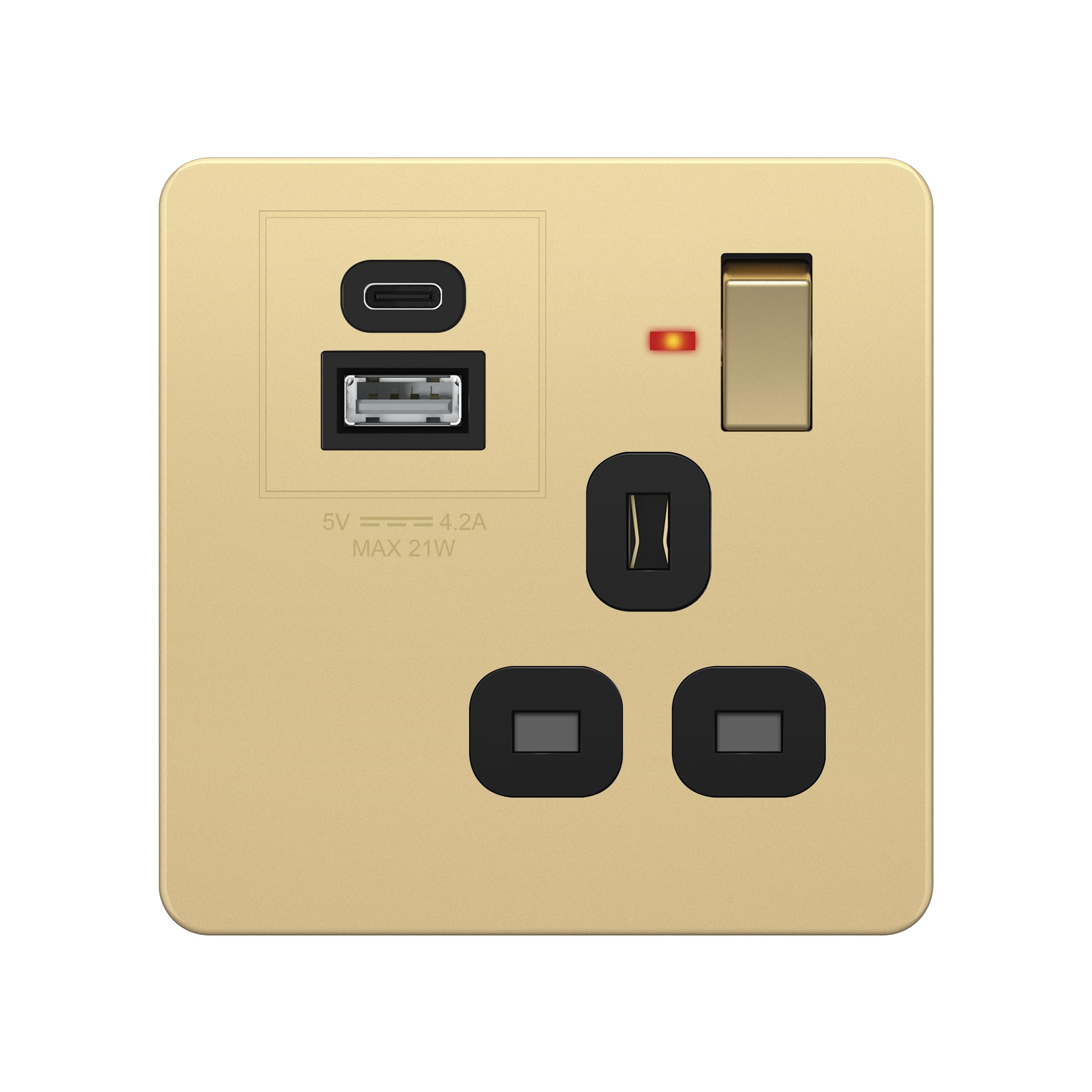 LIDER 1-Gang 13A UK Socket with 20W USB, LED Power Indicator, Screwless Faceplate, Total 5V/4.2A (20W) Output, Glossy Finish, Gold (Use 35mm-deep back box) โ image 1