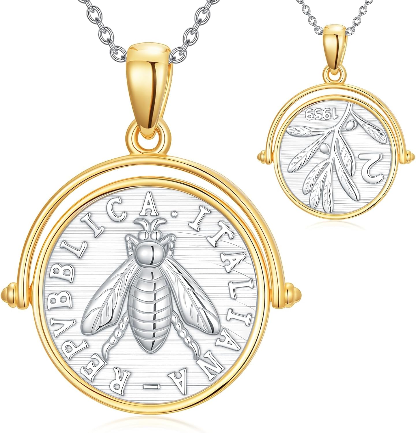 Bee Coin Necklaces for Women 925 Sterling Silver Italian Bee Coin Necklace Gold Birthday Gifts Italian Jewelry for Women