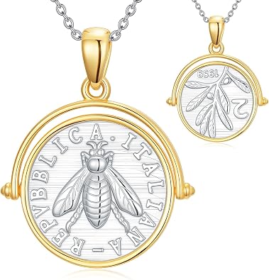 Bee Coin Necklaces for Women 925 Sterling Silver Italian Bee Coin Necklace Gold Birthday Gifts Italian Jewelry for Women